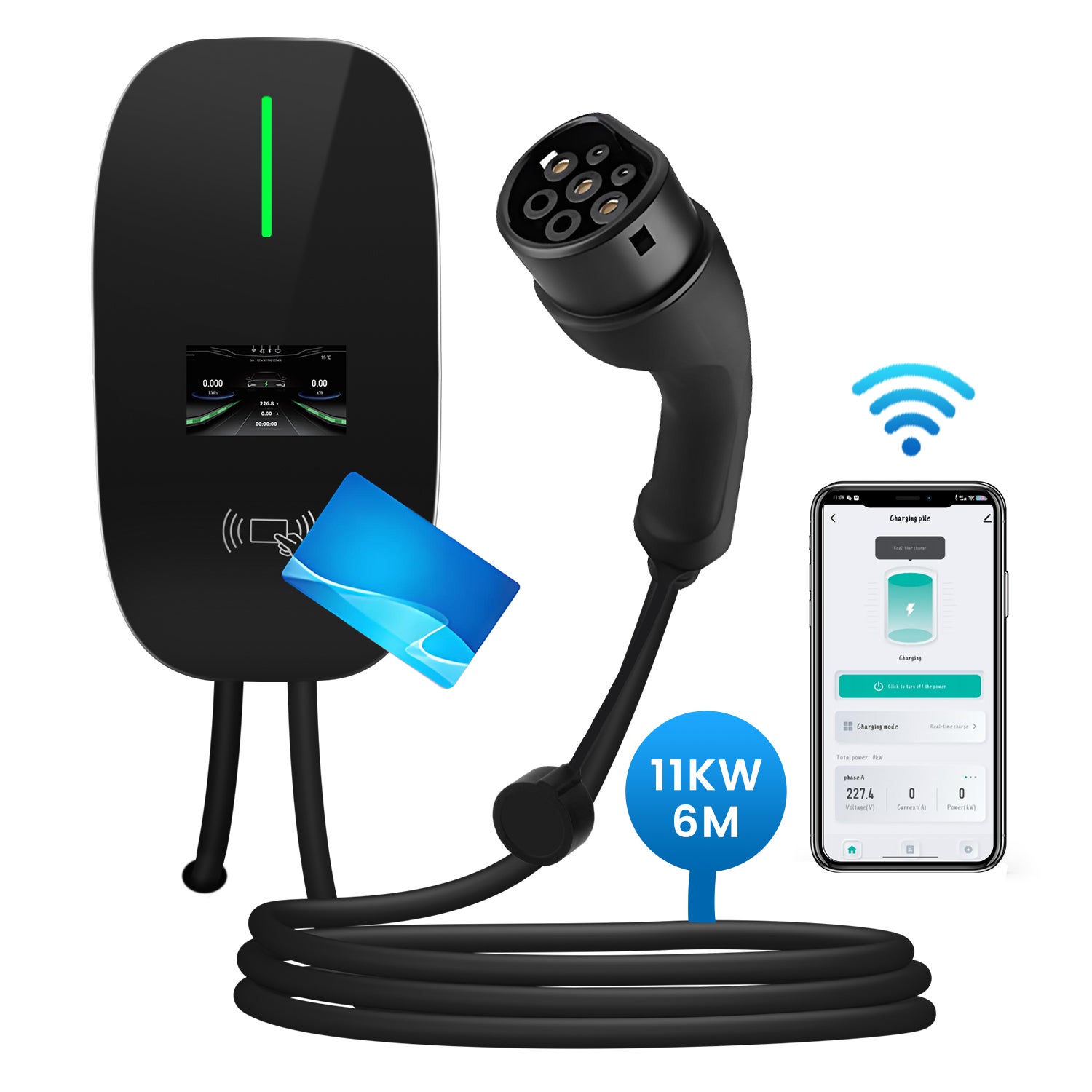 Stacjonarna ładowarka EV Level 2 11KW 16A 3-fazowa z WiFi aplikacją Smart Life i kartą RFID ochrona IP65 kabel 6m