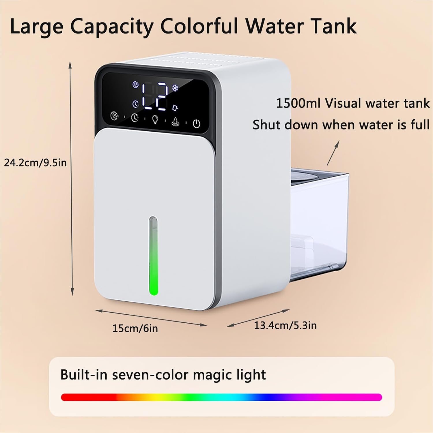 Cichy, przenośny osuszacz powietrza o pojemności 200 ml, 3 tryby pracy, inteligentny ekran dotykowy, 24-godzinny timer i 7-kolorowe oświetlenie LED - 7