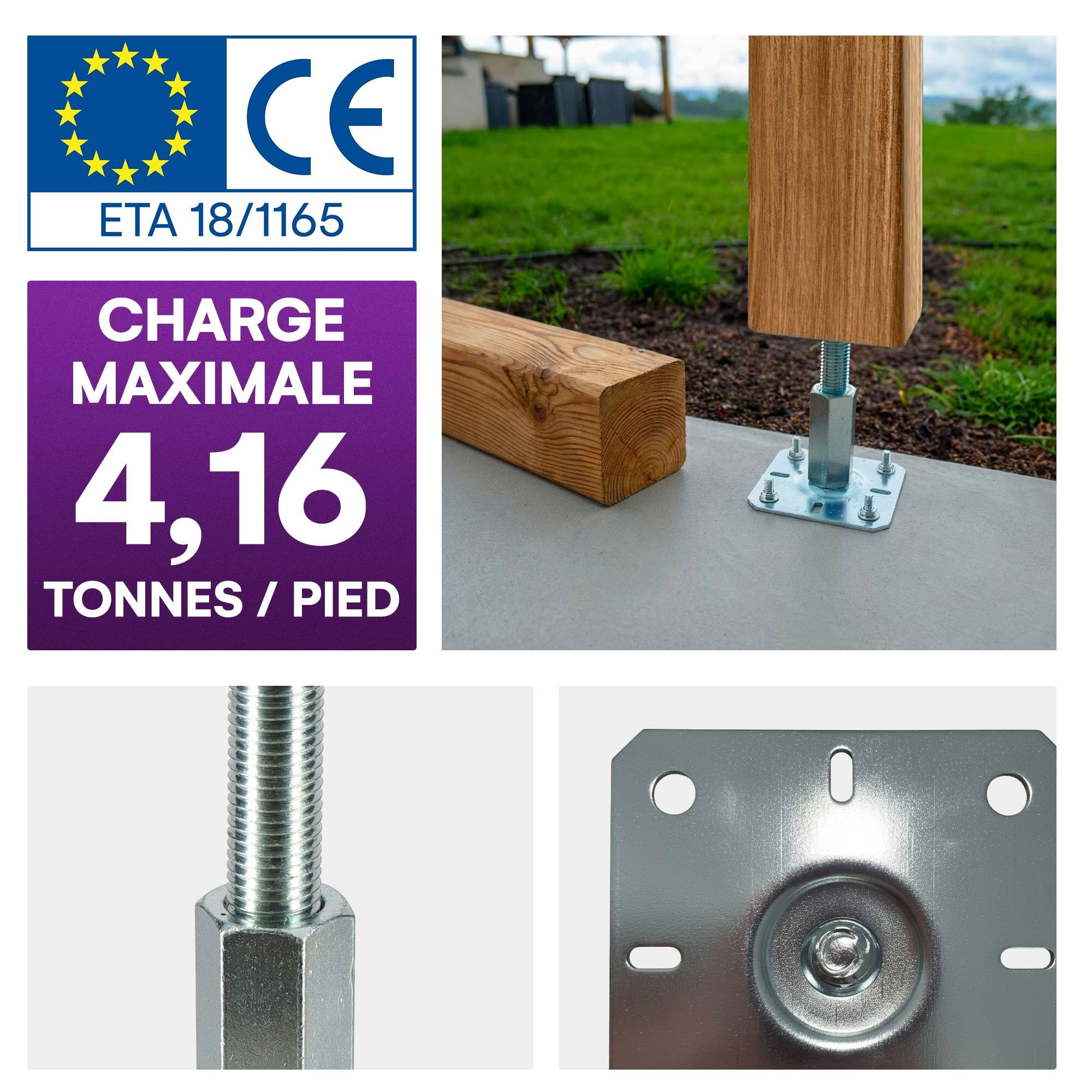 4 embases pieds de poteau réglables par vis - Platine 100mm - Base 130 mm - M20 - Acier galvanisé à chaud - Fabrication Europe - 4