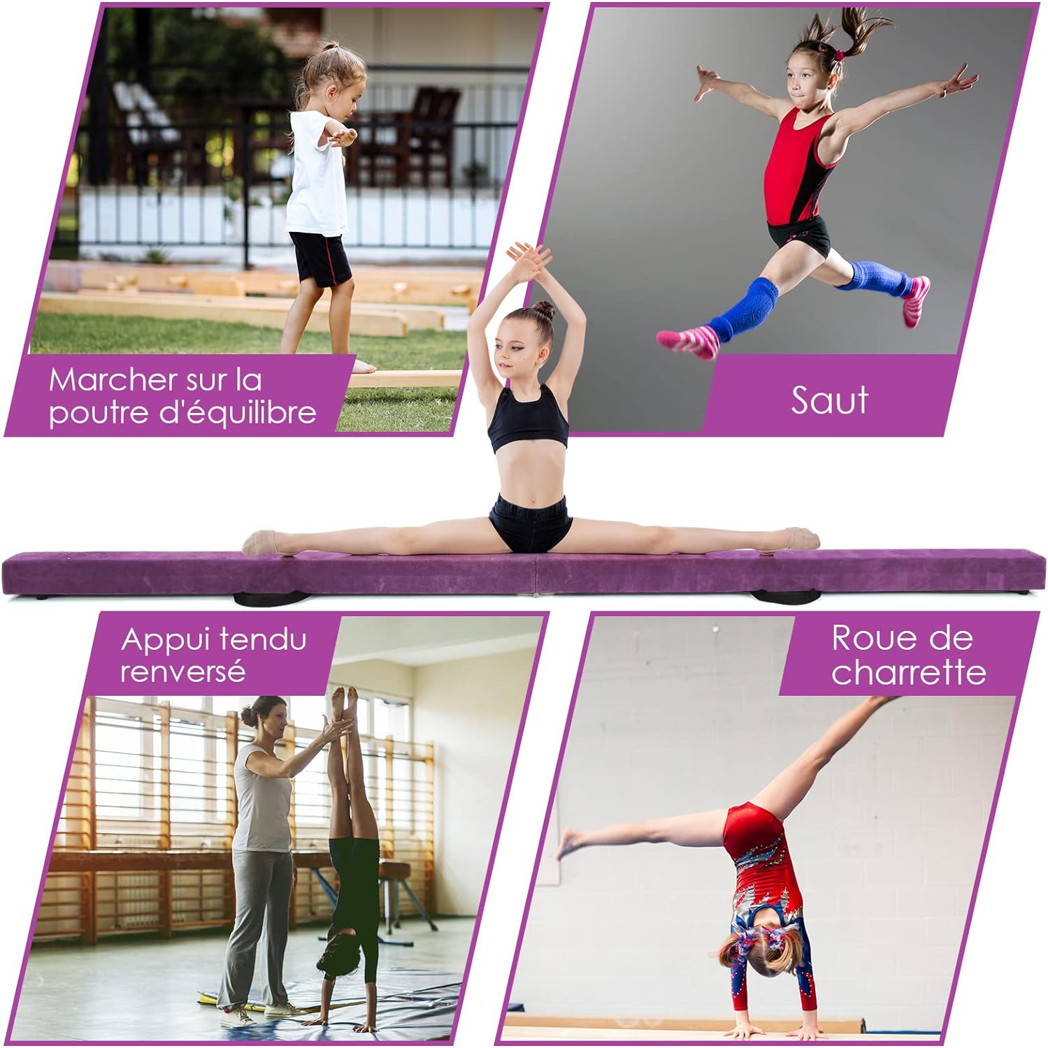 Poutre de Gymnastique Pliable 210cm pour Enfants Antidérapants Couverture en Daim Violet - 4