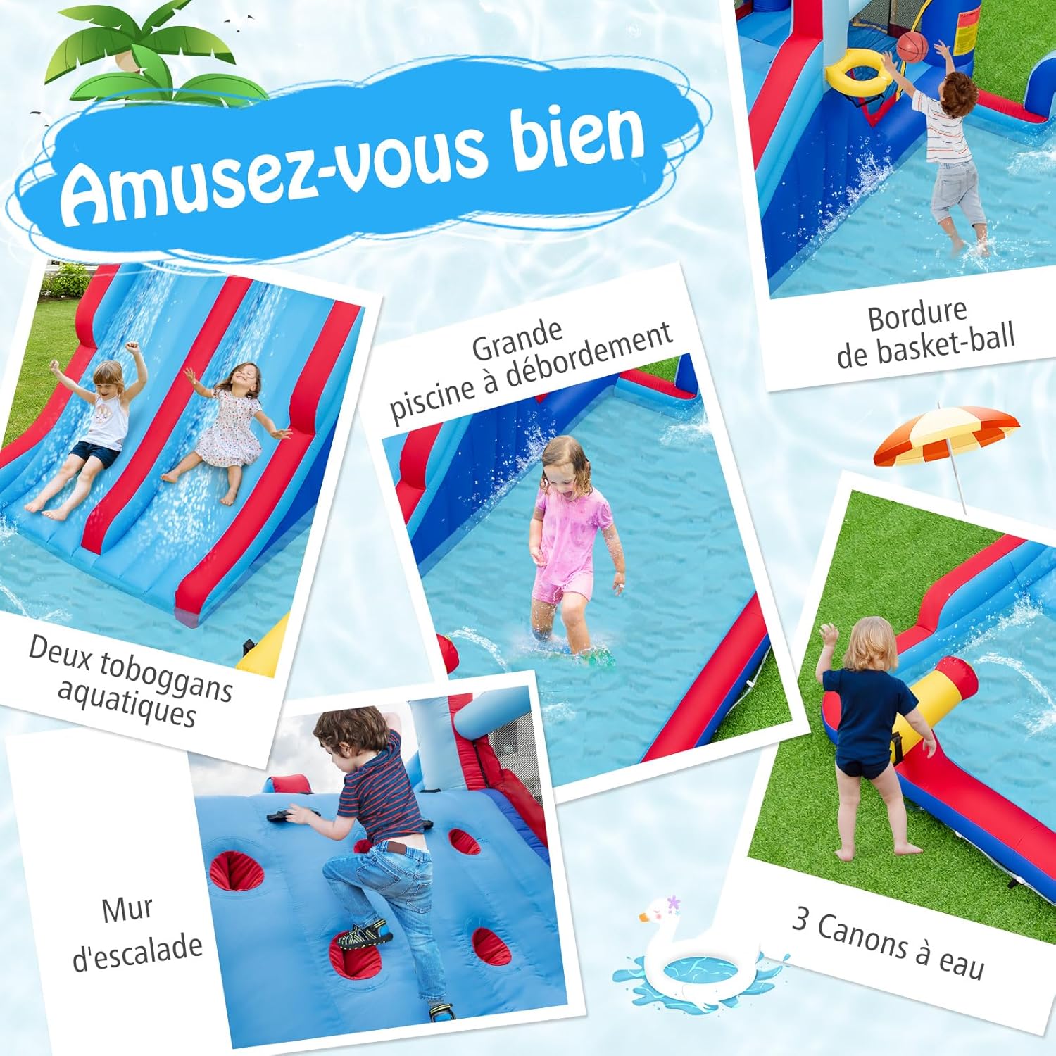 Estrutura insuflável 9 em 1 com escorregas aquáticos duplos e piscina, parque infantil insuflável com zona de saltos e 3 canhões de água, capa - 2