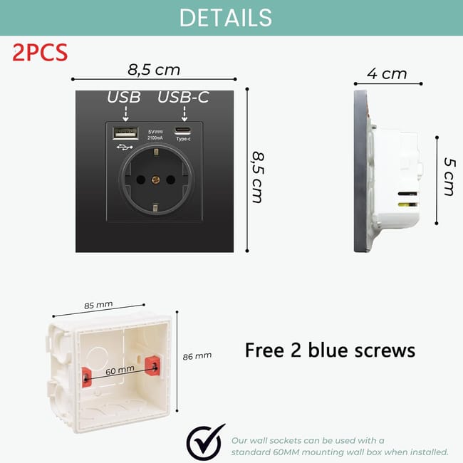 Pack de 2 enchufes de pared con puertos USB y Tipo C, toma de corriente ...