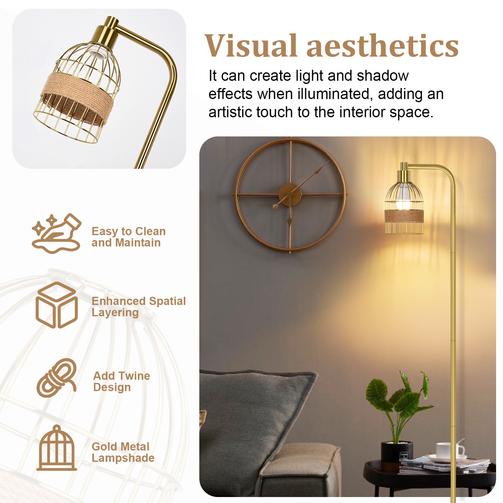 Lampadaire doré industriel – 170 cm, lampadaire sur pied design avec abat-jour en rotin, télécommande & variateur LED pour salon - 6