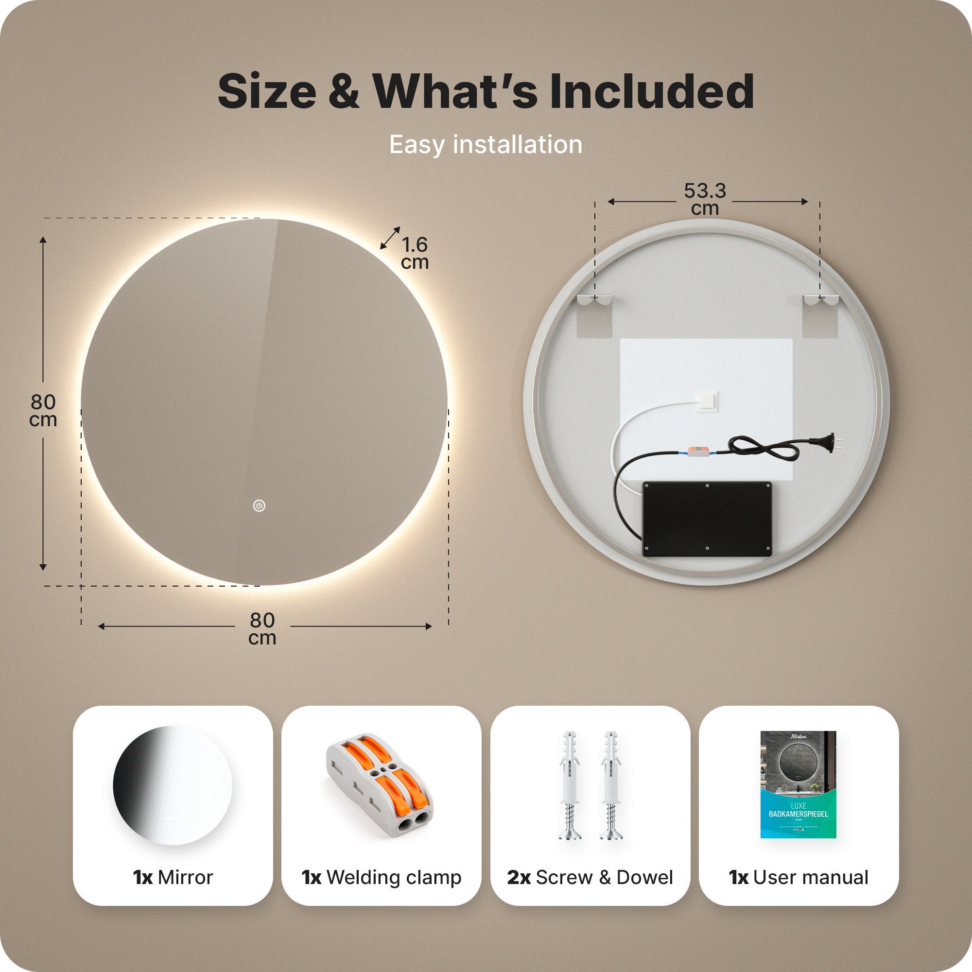 Mirlux Espejo de baño con iluminación LED y calefacción - Espejo de pared redondo - Espejo de ducha antivaho - 80 cm - 7