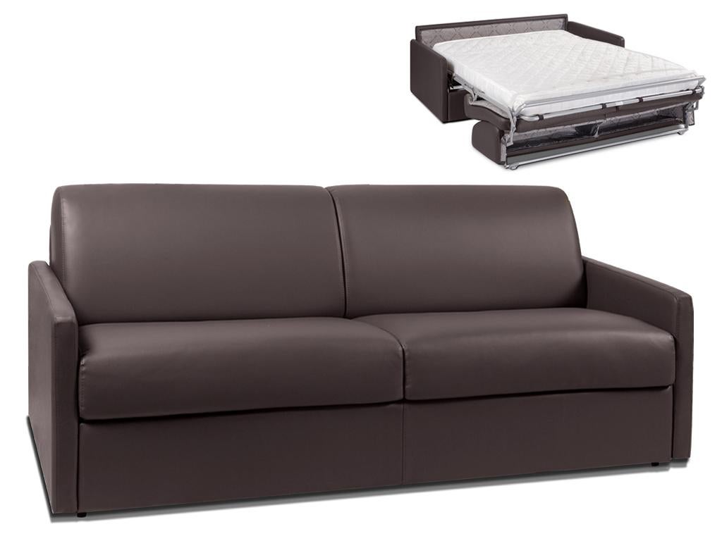 Kanapa 4-osobowa z ekspresowym mechanizmem rozkładania z ekoskóry CALIFE - Kolor: brązowy - Wymiary miejsca do spania: 160 cm - Materac 14 cm