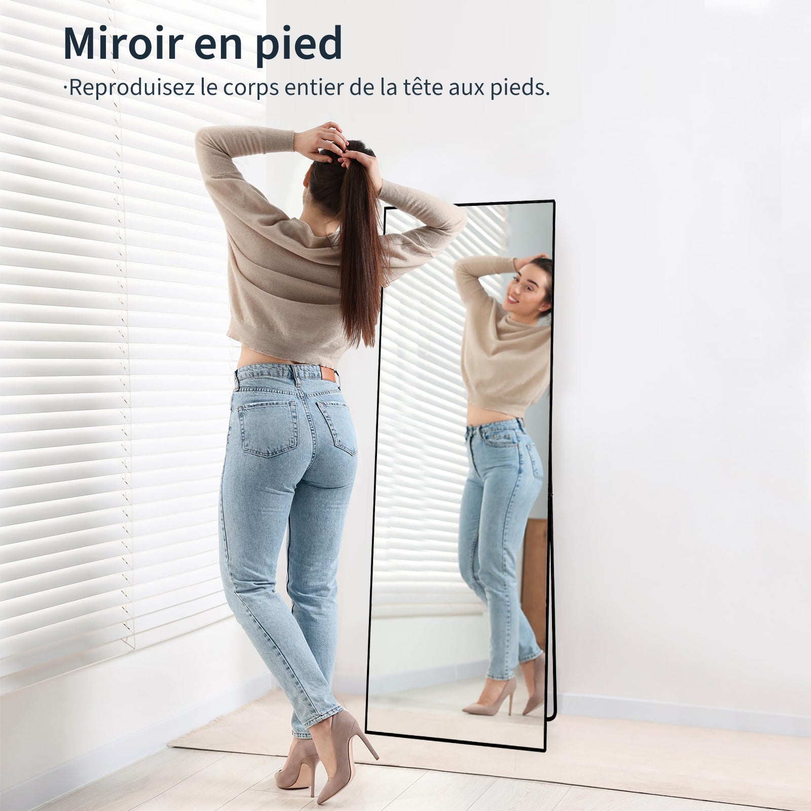 Miroir sur pied pleine longueur, 165 x 60 cm, Noir HD, cadre en alliage d'aluminium, miroir mural en verre trempé, idéal pour la chambre, le dressing - 2