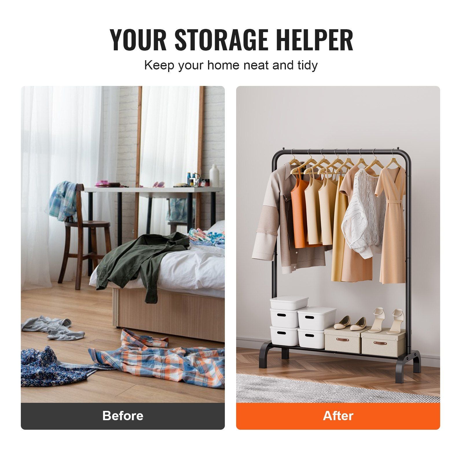 Portant Vêtements Robuste avec Tringle et Espace de Rangement,Rack Idéal pour Chambre et Invités - 6