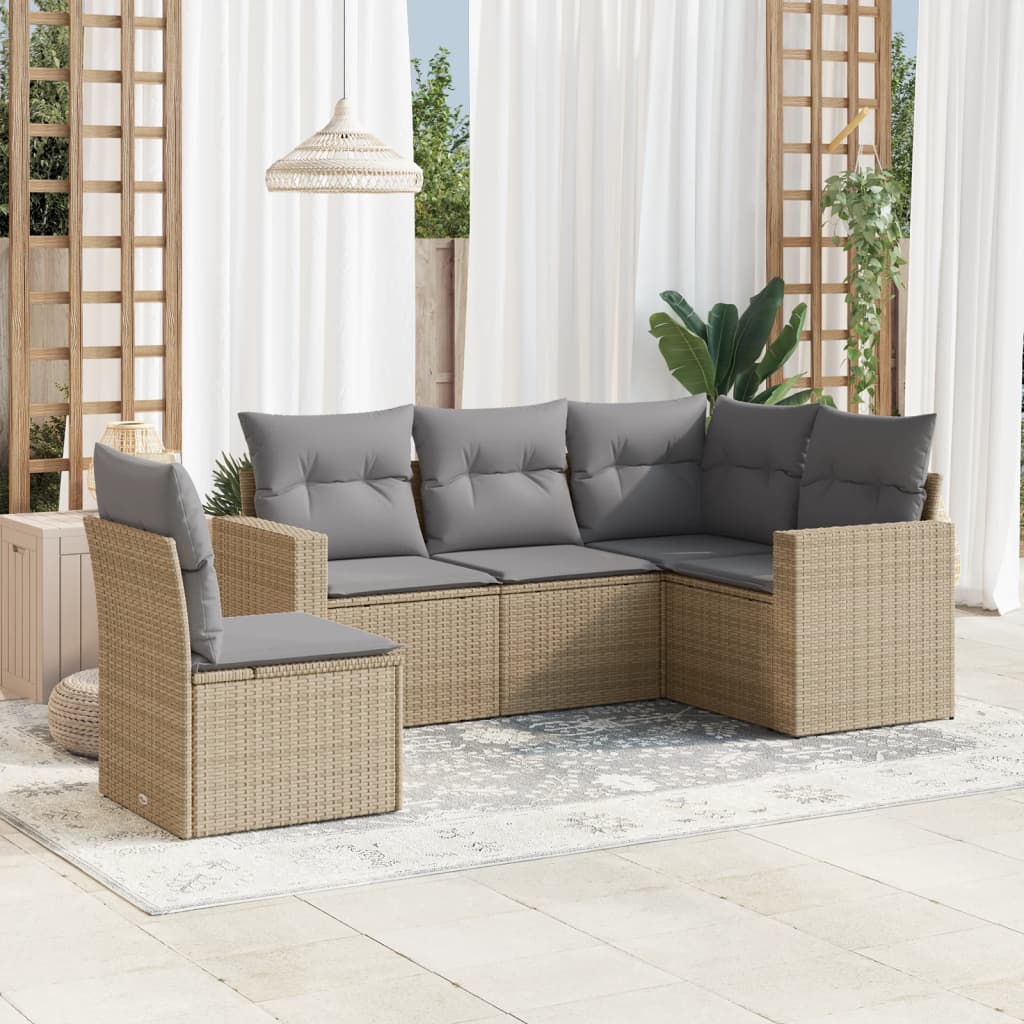 Set Divani Da Giardino Modulari Tidyard In Bambù – 4/5 Posti Con Penisola E Cuscini Lavabili, Bianco Crema - 2