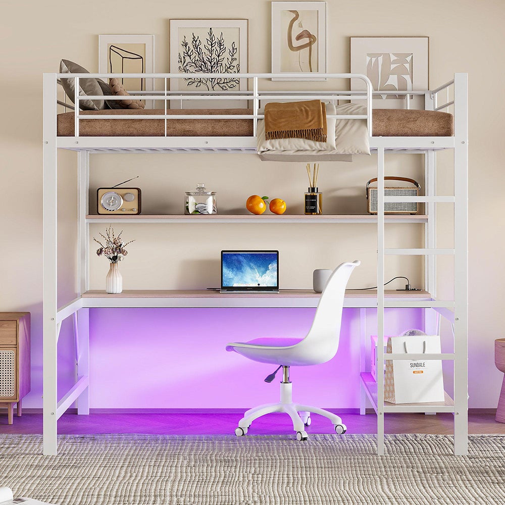 Lit Mezzanine Adulte 90x200 Avec Bureau Et LED - Escalier, Garde-corps, Prise USB, Sans Matelas, Blanc