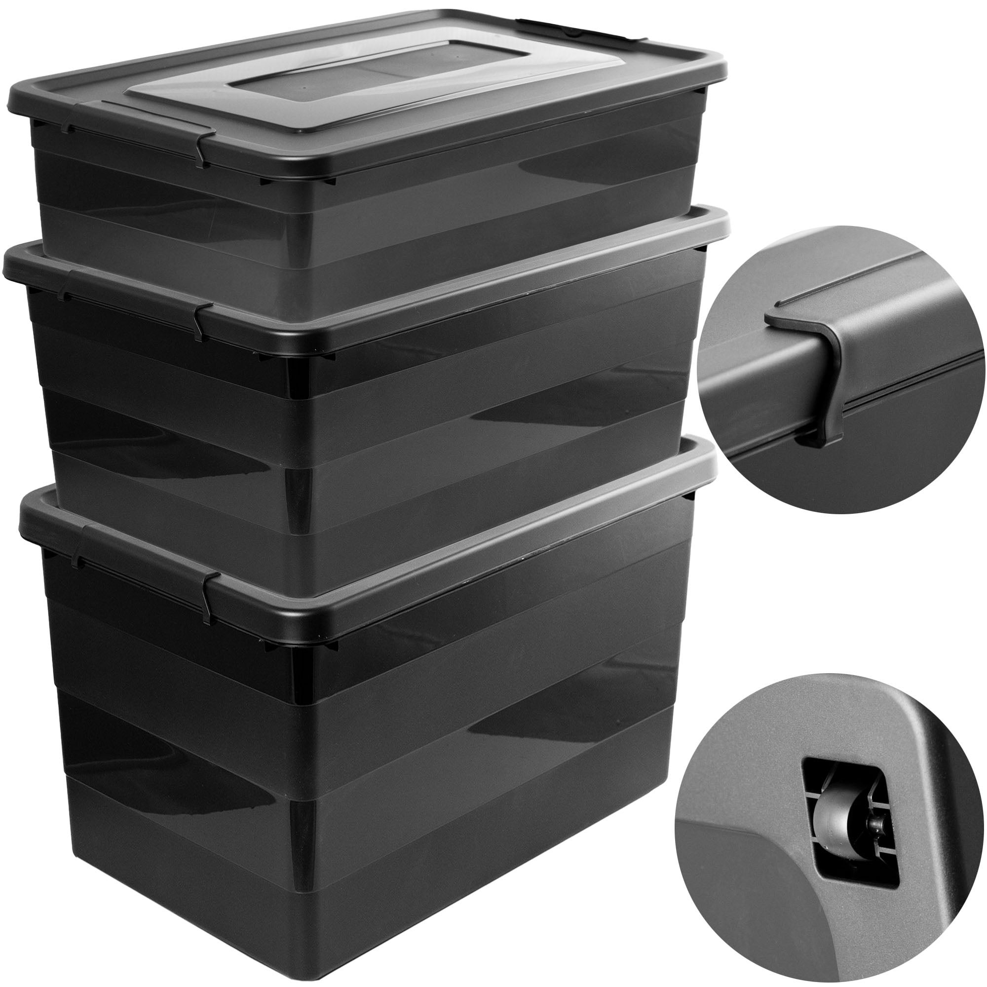 3x Pojemnik Plastikowe Pudełko Na Kółkach Z Pokrywą Pojemniki Box 28L, 40L, 55L Czarny