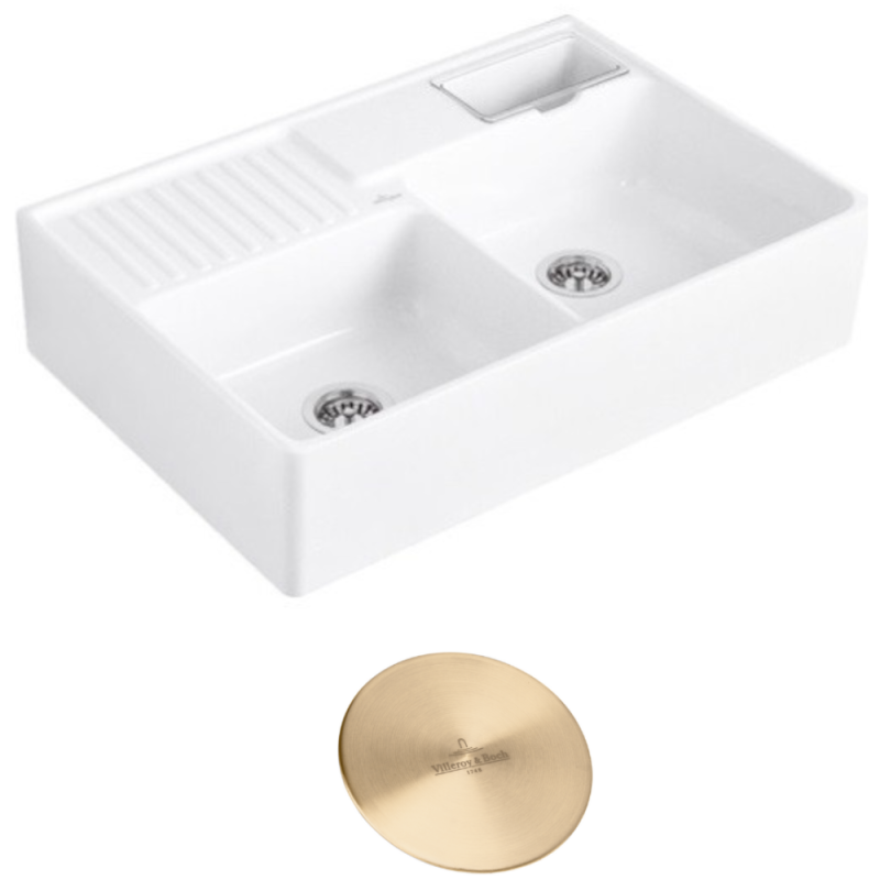 Villeroy et boch fregadero de cocina tradition fregadero 89,5 x 63 cerámica blanco vaciador manual + tapa desagüe dorado
