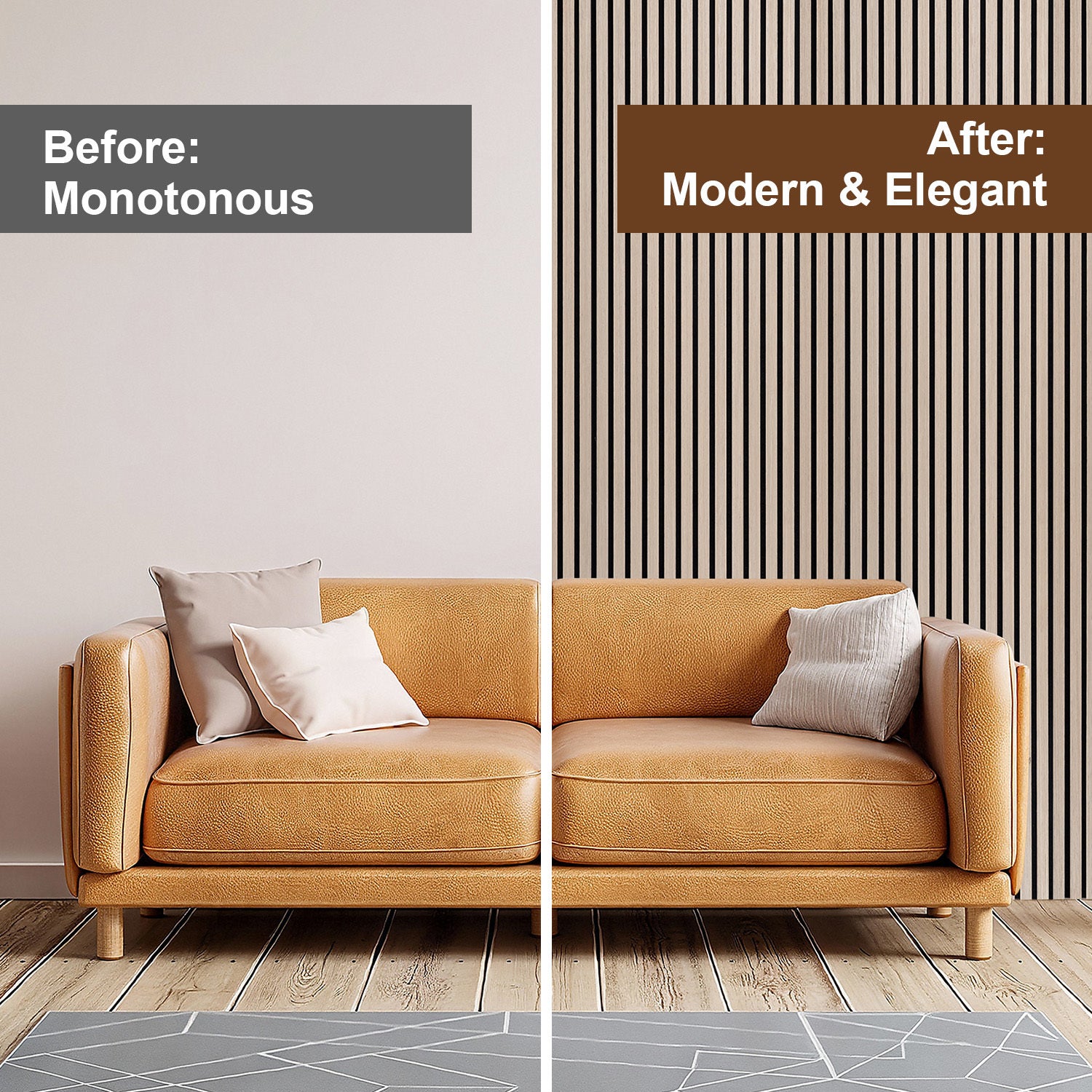 Lote de 4 paneles acústicos autoadhesivos para pared listones MDF modernos de madera 120 x 60 x 2,1 cm - Panel MDF chapado en madera roble - 3