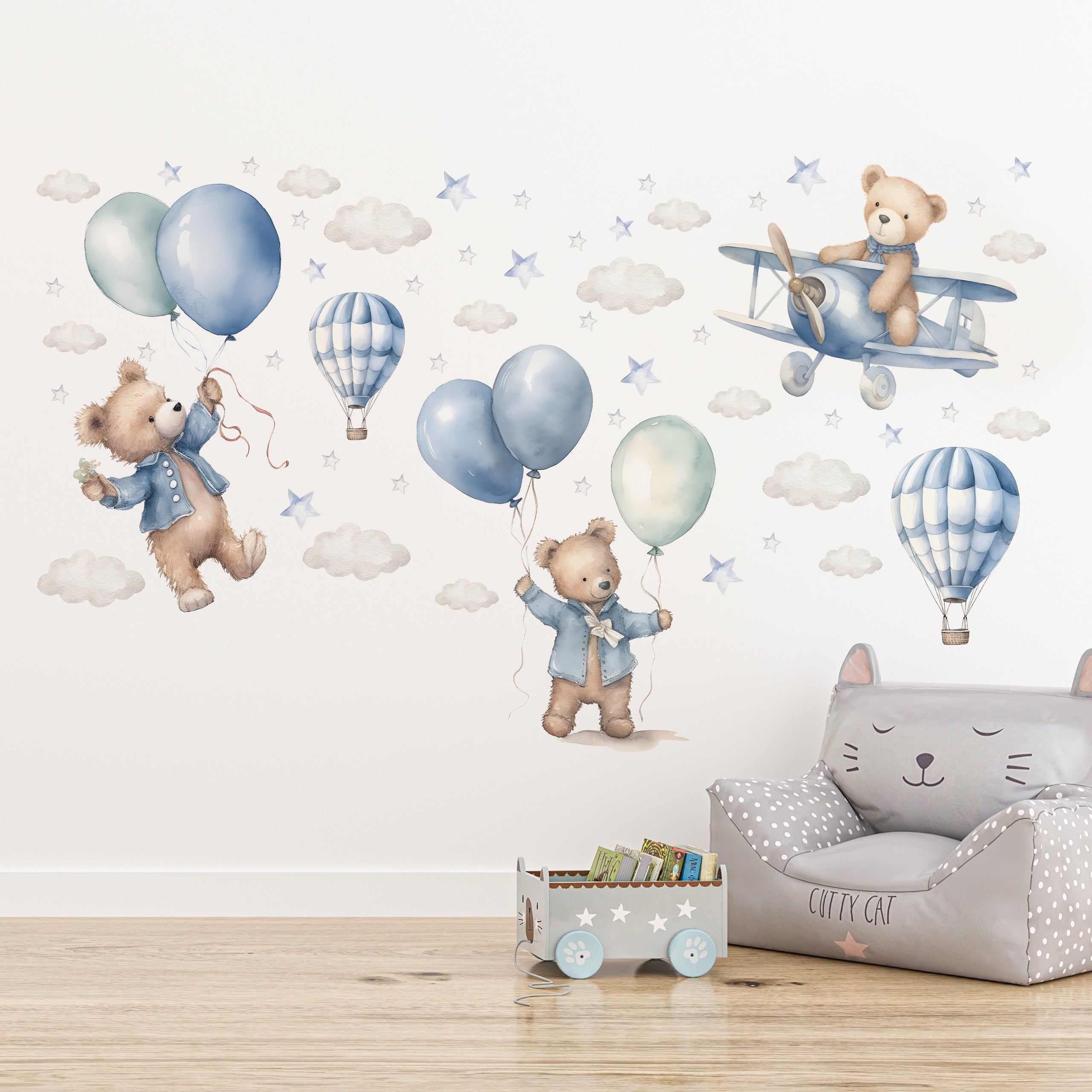 Autocollant OURS Adorables Ballons Bleus Animaux en Peluche Style Moderne Pour La Chambre 60cm x 30cm - 3