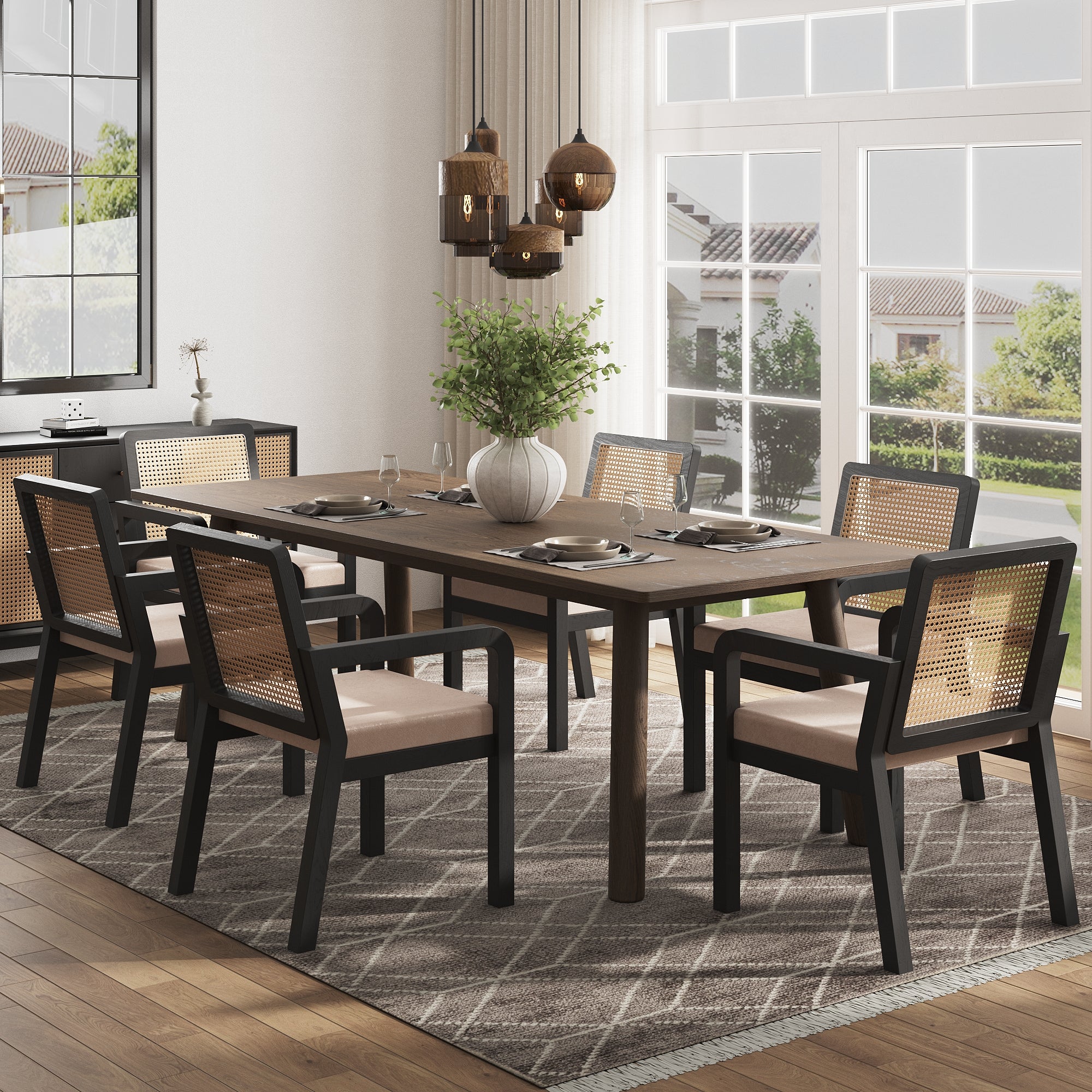 Zestaw 6 krzeseł do jadalni z podłokietnikami i oparciem z rattanu – 56 x 57 x 83,5 cm – Aksamitna tapicerka i nogi z drewna kauczukowego – czarne