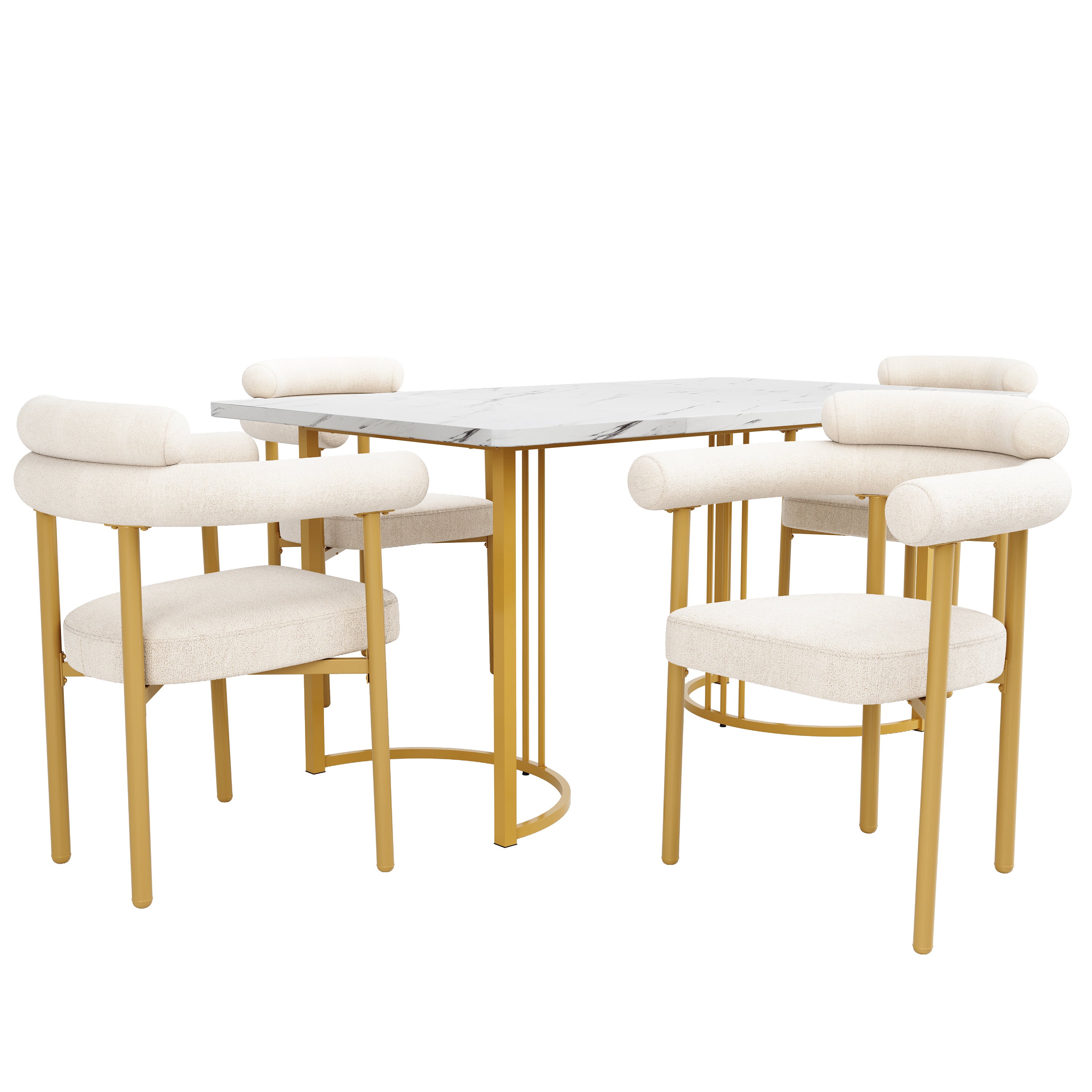 Ensemble table à manger + 4 chaises en velours - 140 x 80 x 75 cm - MDF + Pieds en métal doré - Beige - 3