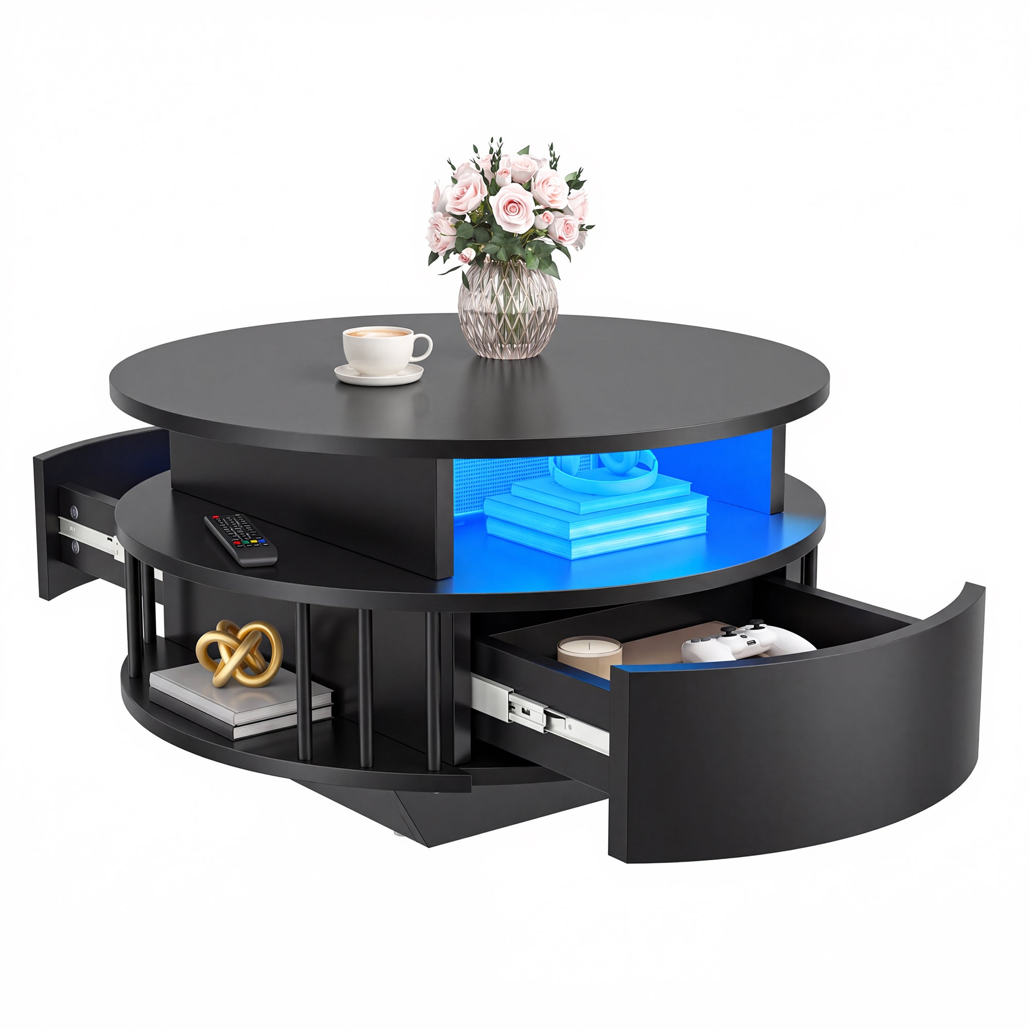 YITAHOME Table Basse Ronde Moderne LED 70cm, 2 Niveaux et 2 Tiroirs, Design Canné, Table d'Accent Salon, Noir - 3
