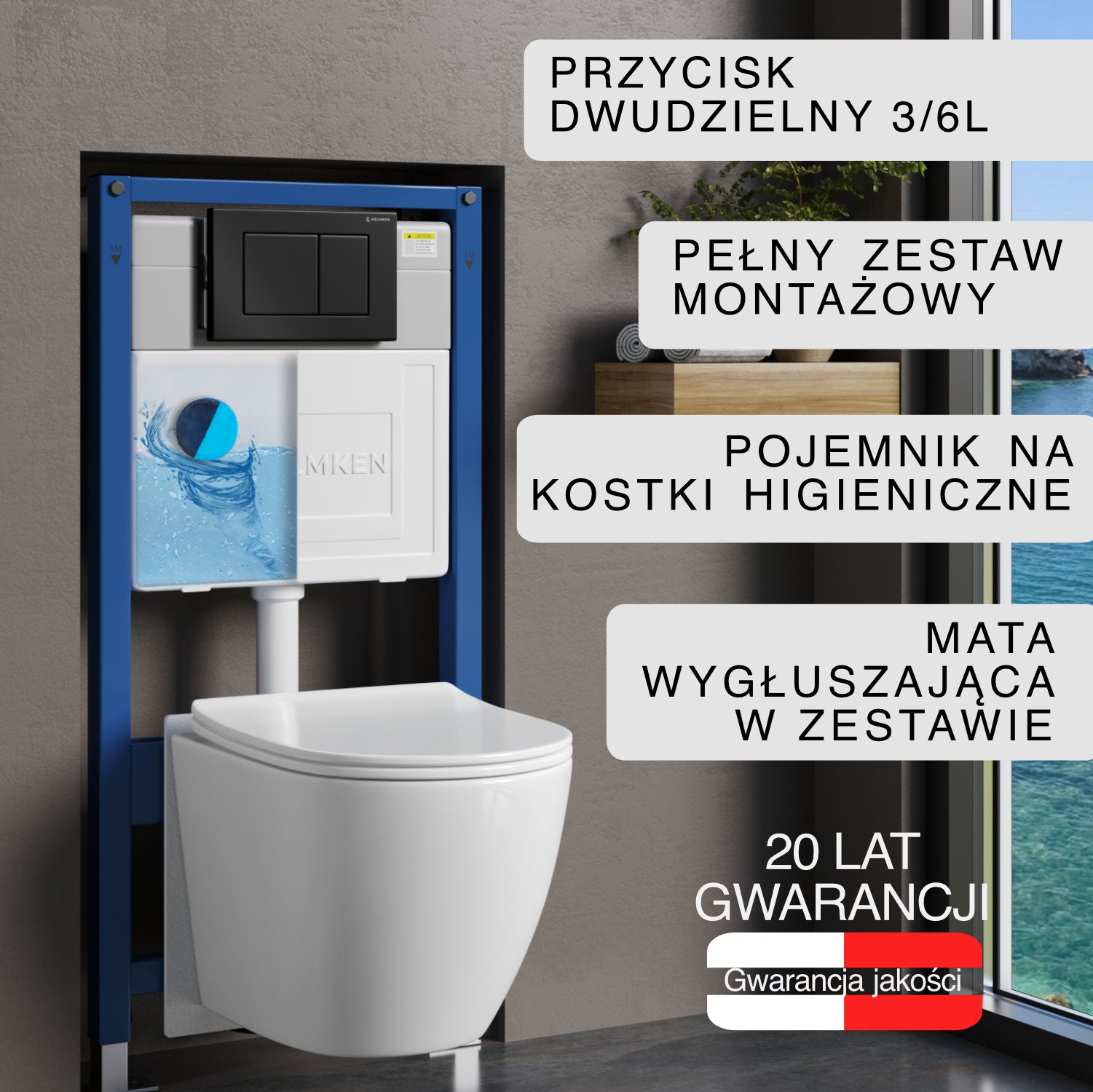Stelaż podtynkowy WC Helmken 3549101 Zestaw 6w1: Przycisk Czarny Mat (J), Miska bezkołnierzowa Rimless, Deska wolnoopadająca, Pojemnik na kostki, Mata