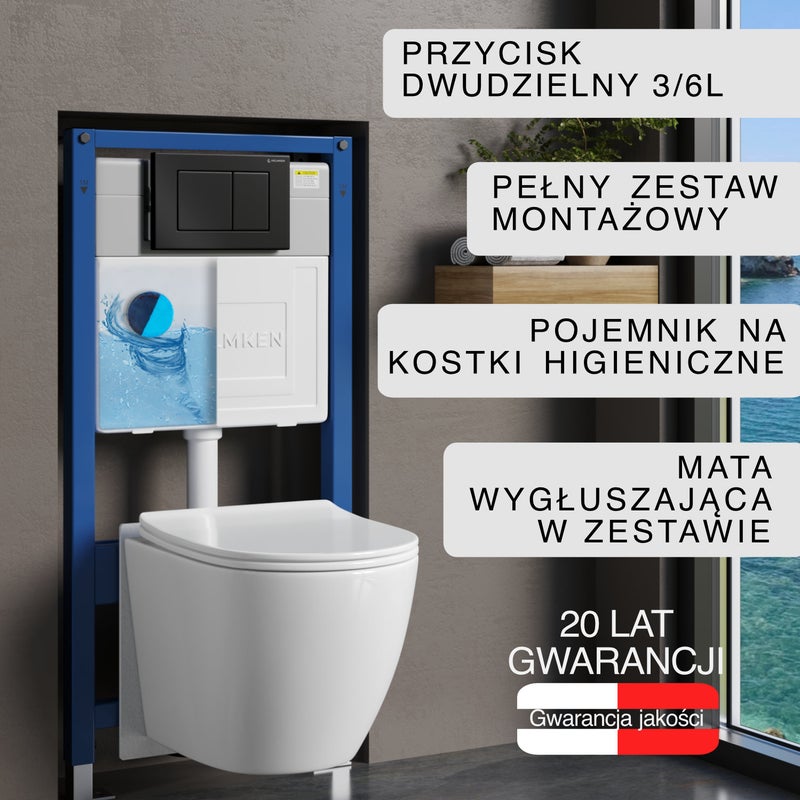 Stelaż podtynkowy WC Helmken 3549101 Zestaw 6w1: Przycisk Czarny Mat (J), Miska bezkołnierzowa Rimless, Deska wolnoopadająca, Pojemnik na kostki, Mata