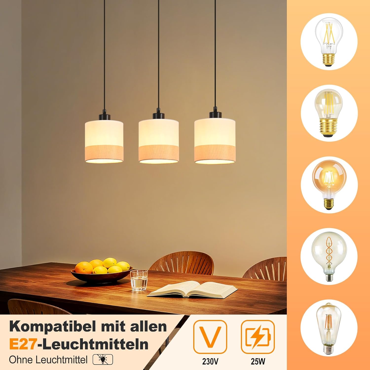 ZMH Lampa wisząca nowoczesna E27 biała 3 płomienna do salonu bez żarówki - 2