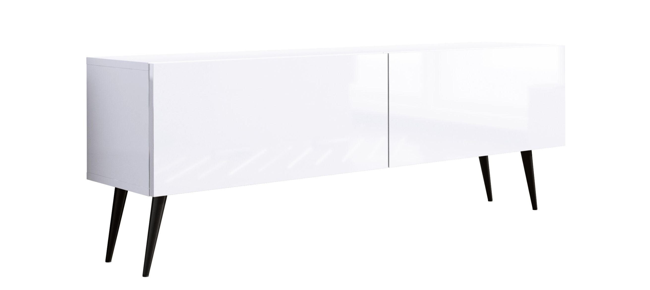 Szafka RTV : Biały Matowy / Biały Połysk, czarne nogi, 140 x 32 x 52 cm