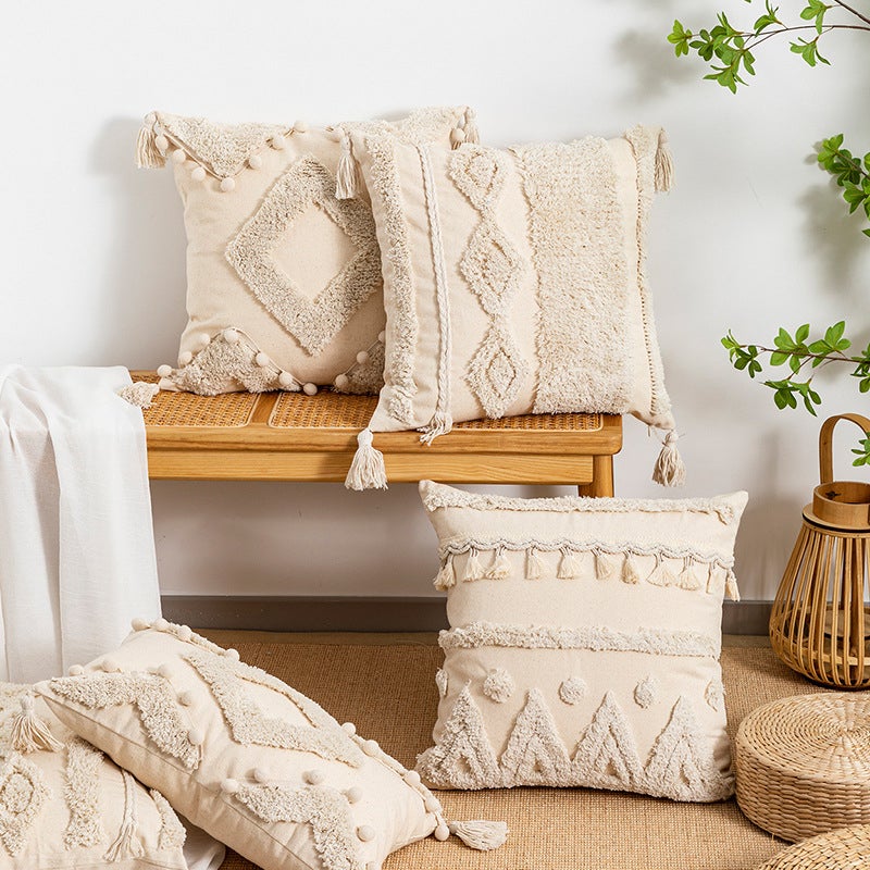 Lot de 2 taies d'oreiller décoratives touffetées, housses de coussin de canapé à pompons, taies d'oreiller taille blanc cassé, 30 x 50 cm (sans noyau) - 7