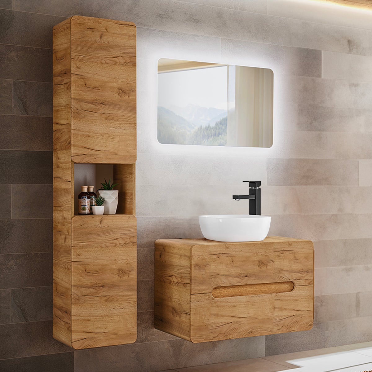 Lomadox Set Bagno 4 Pezzi Con Lavabo In Ceramica 60 Cm – Mobile, Armadio E Specchio LED, Bianco Lucido, Antracite, Stile Moderno - 4