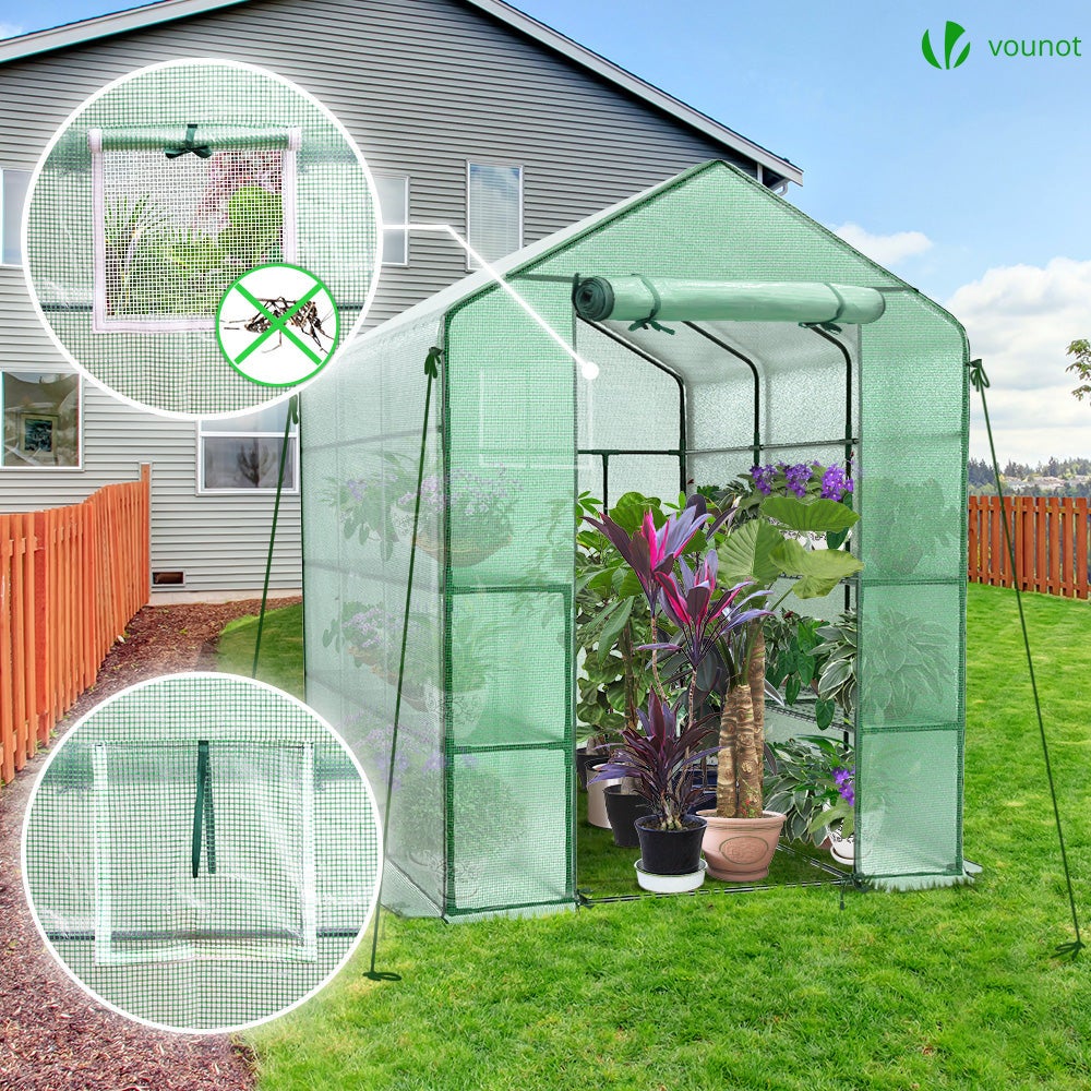 Serre de jardin avec étagères 143x215x195cm vert - bâche renforcée 135g/m², fenêtre moustiquaire, porte enroulable zippée - VOUNOT® - 2