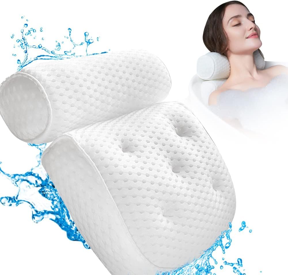Poduszka do kąpieli spa z technologią 4D Air Mesh i 7 przyssawkami, pomaga podeprzeć głowę, plecy, ramiona i szyję, biała