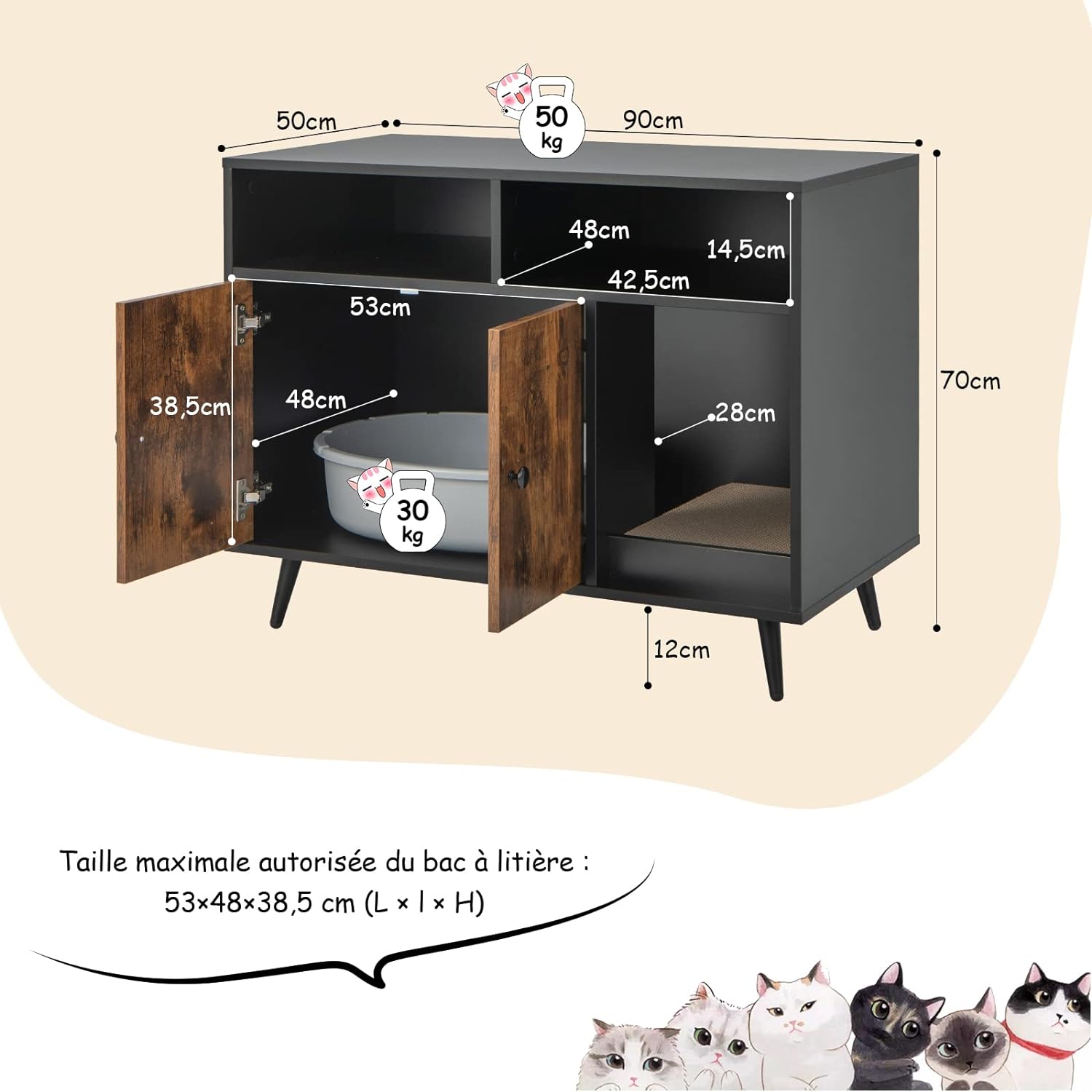 Arena para gatos, armario para gatos con puerta doble, gato Compartimentos y rascador, 90 x 50 x 70 cm - 6
