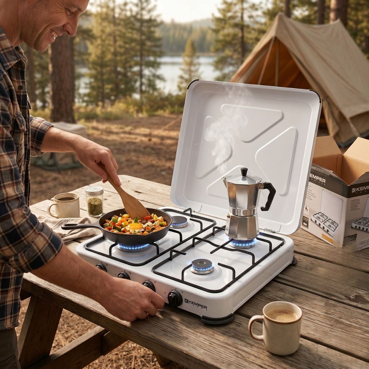 Plaque de Cuisson gaz 4 feux portable 4650W - Réchaud gaz butane propane couvercle grille amovibles Cuisine Extérieure KEMPER - 4