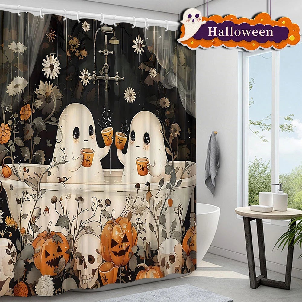 Zasłona prysznicowa na Halloween z motywem uroczego ducha, wykonana z tkaniny poliestrowej, zasłona do wanny na Halloween, 12 haczyków, 180 x 200 cm