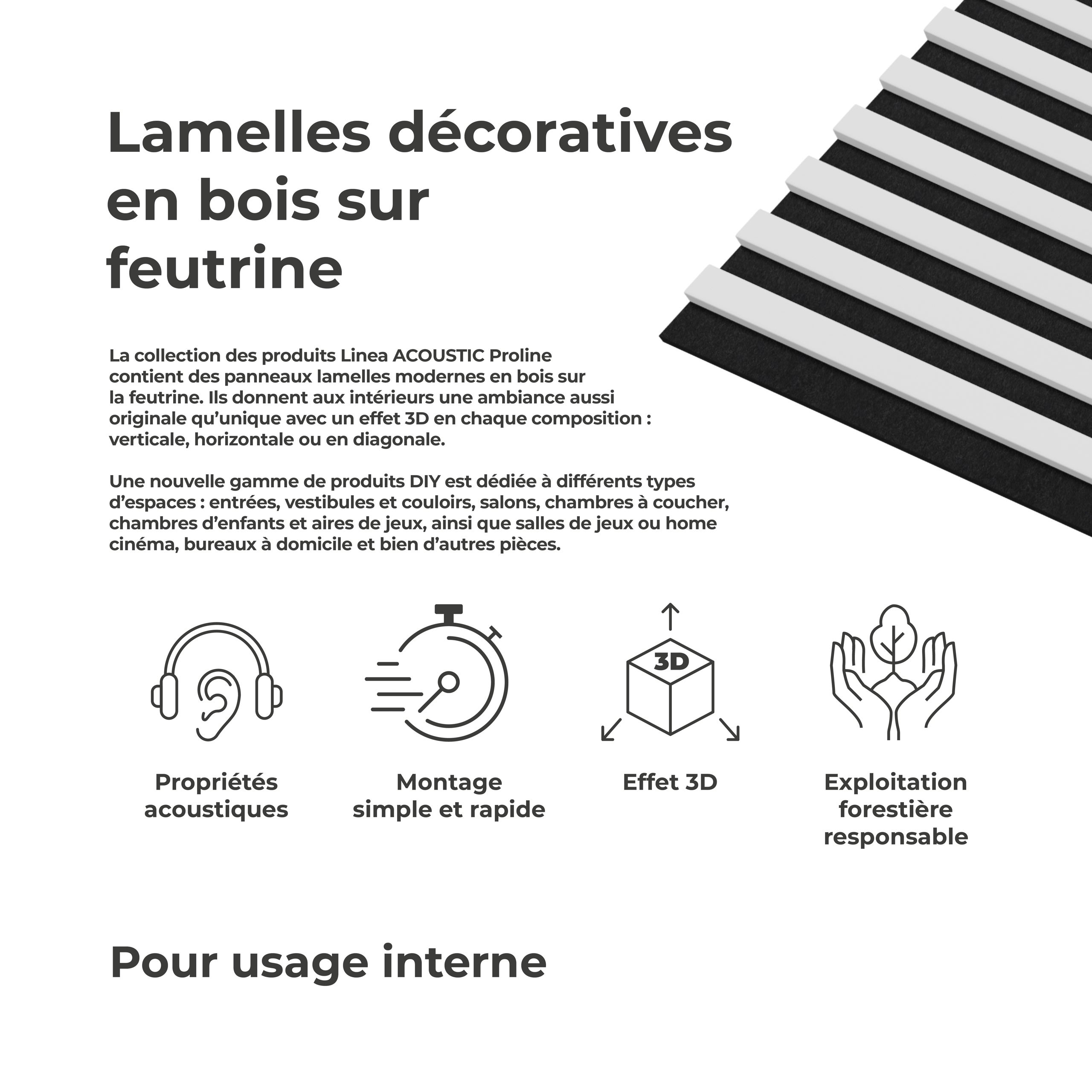 Panneau Tasseau Acoustique effet tasseau bois en feutre 1200mm x 605mm Blanc sur noir Linea Proline Stegu Ensemble de 4 pièces - 4
