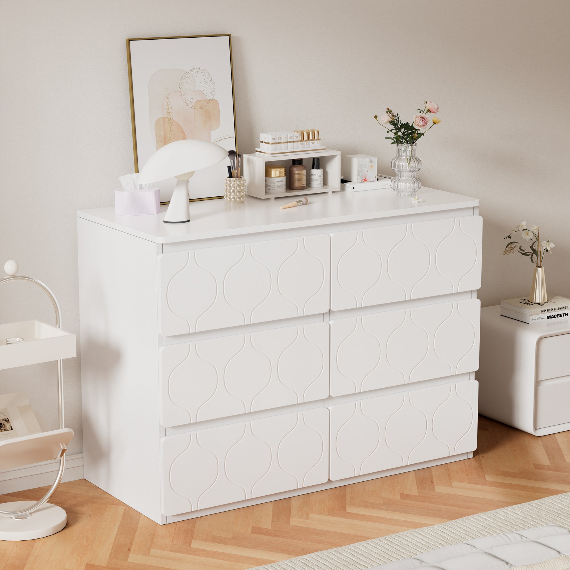 Commode 6 Tiroirs HOMCOM Blanc Brillant Et Chêne - 110 X 40 X 75 Cm - Design Moderne Avec Pieds Réglables - Pour Chambre, Salon, Couloir