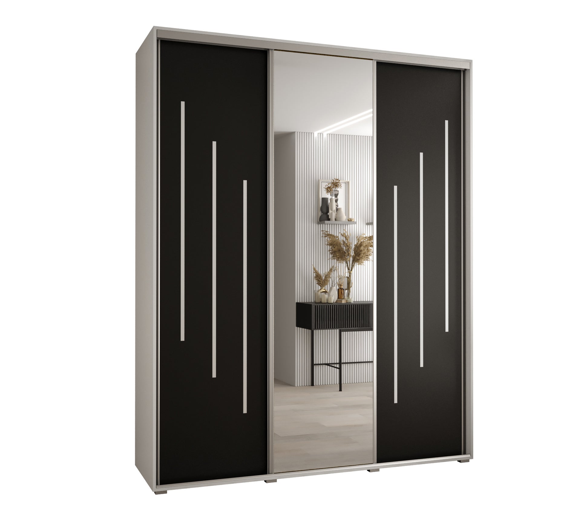 Szafa przesuwna z lustrem wysoka Davos 9 200 x 45 x 235,2 cm biały + czarny + u. srebrny - Abiks Meble