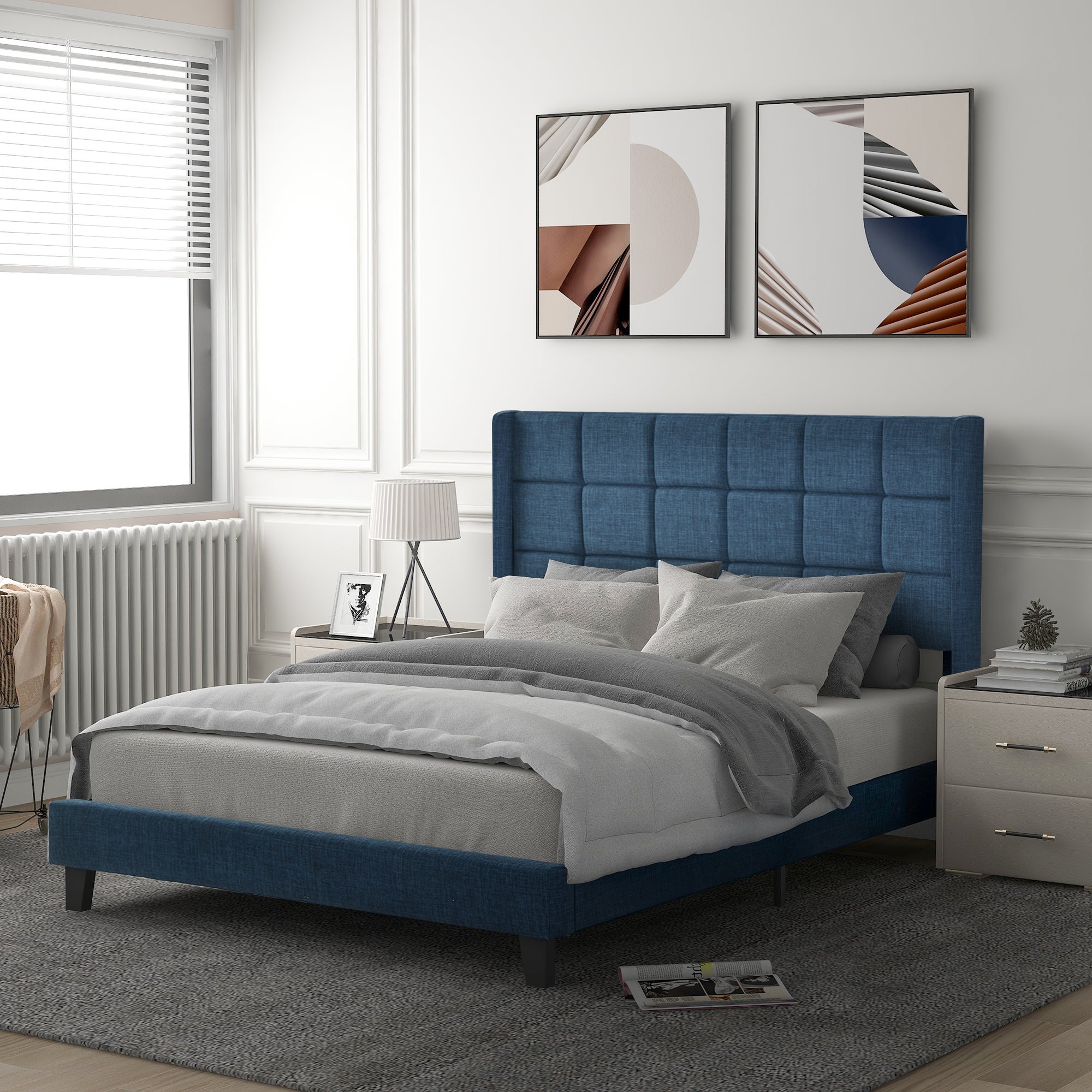 Cama estofada para adulto com cabeceira - 140 x 200 cm - tecido de linho - azul - 5