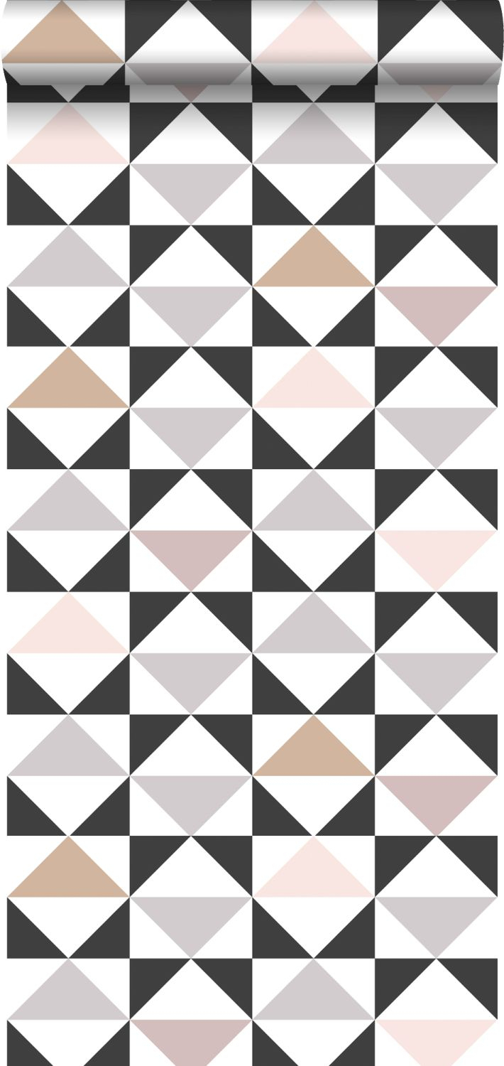 Papel pintado triángulos gráficos blanco, negro, gris cálido y rosa viejo - 0,53 x 10,05 m - estahome