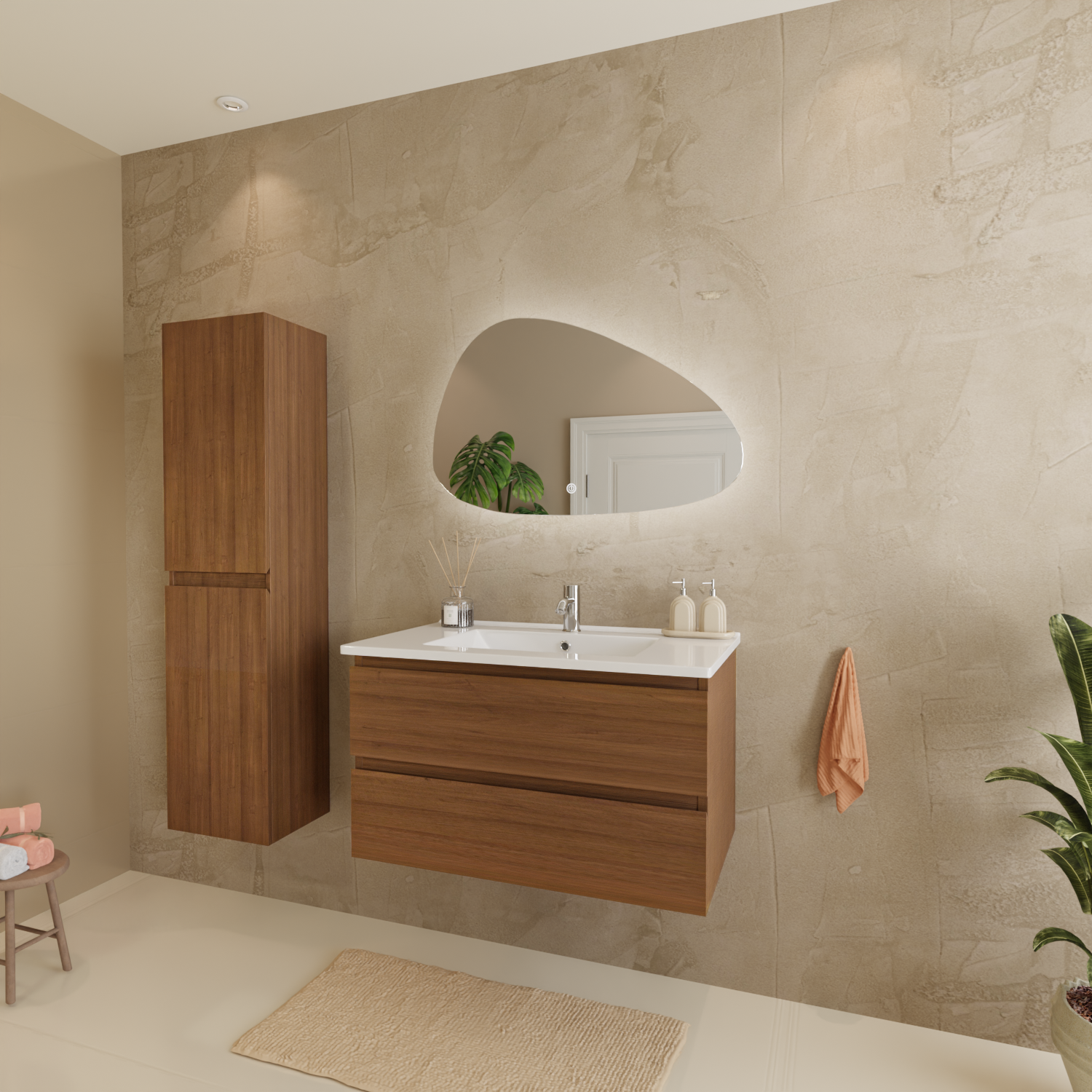 LOMAZOO Meuble De Salle De Bain Marenza Chêne Chaud 80cm - Lavabo Blanc - 10