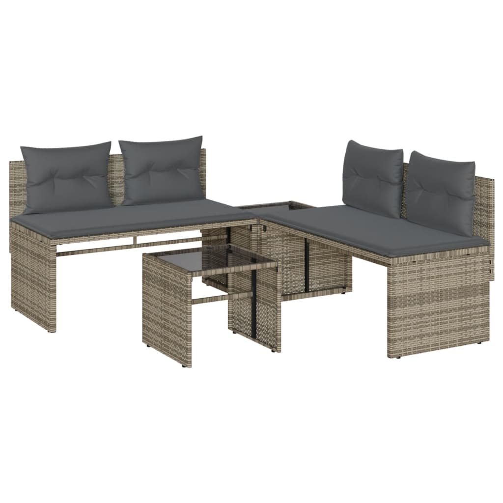Salon De Jardin 4 Pièces Résine Tressée Gris - Table Basse, 2 Chaises, Banc 3 Places, Coussins Inclus
