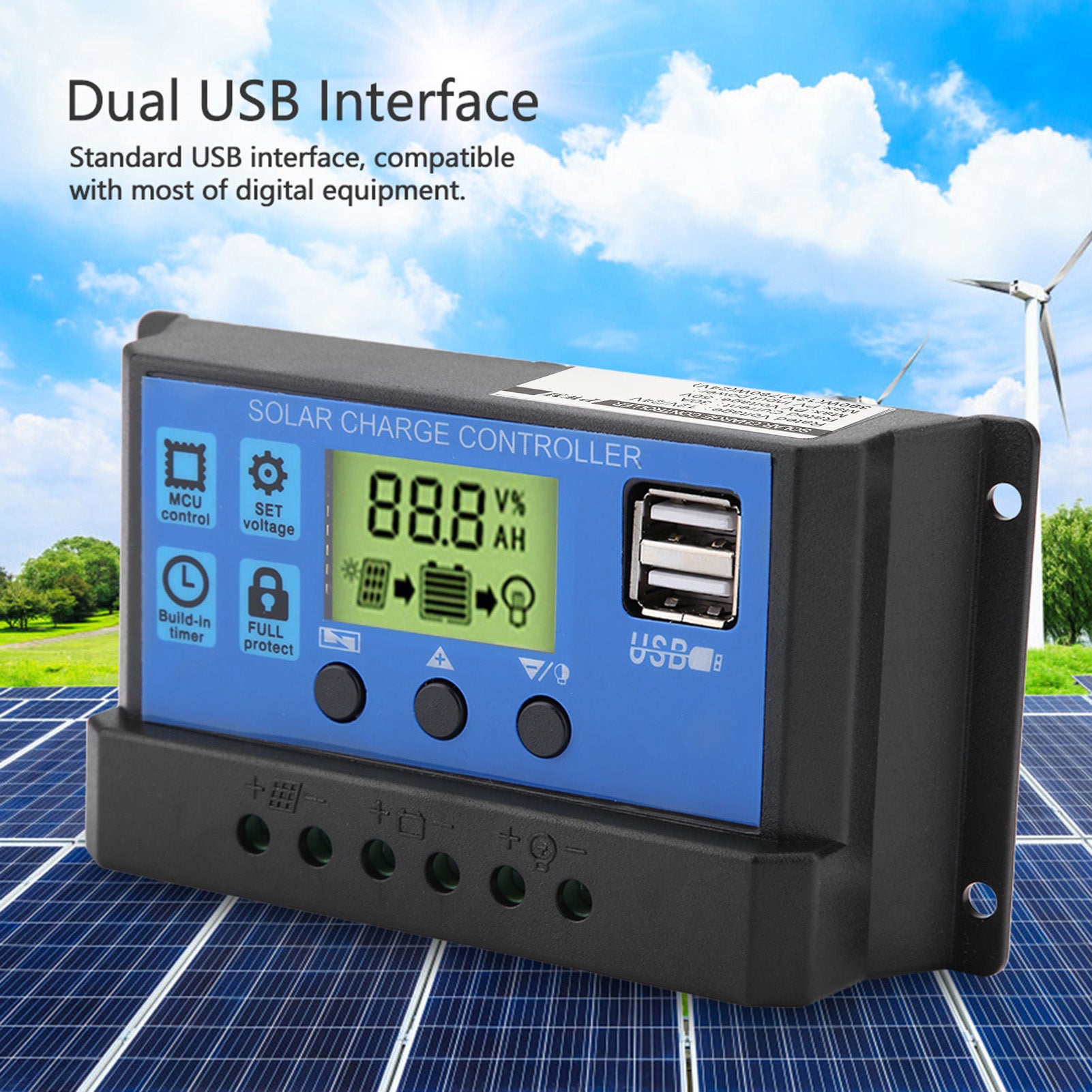 Regolatore di carica per pannello solare PWM 12V 24V con doppio USB e display LCD da 30 A (YJSS-30A) - 6
