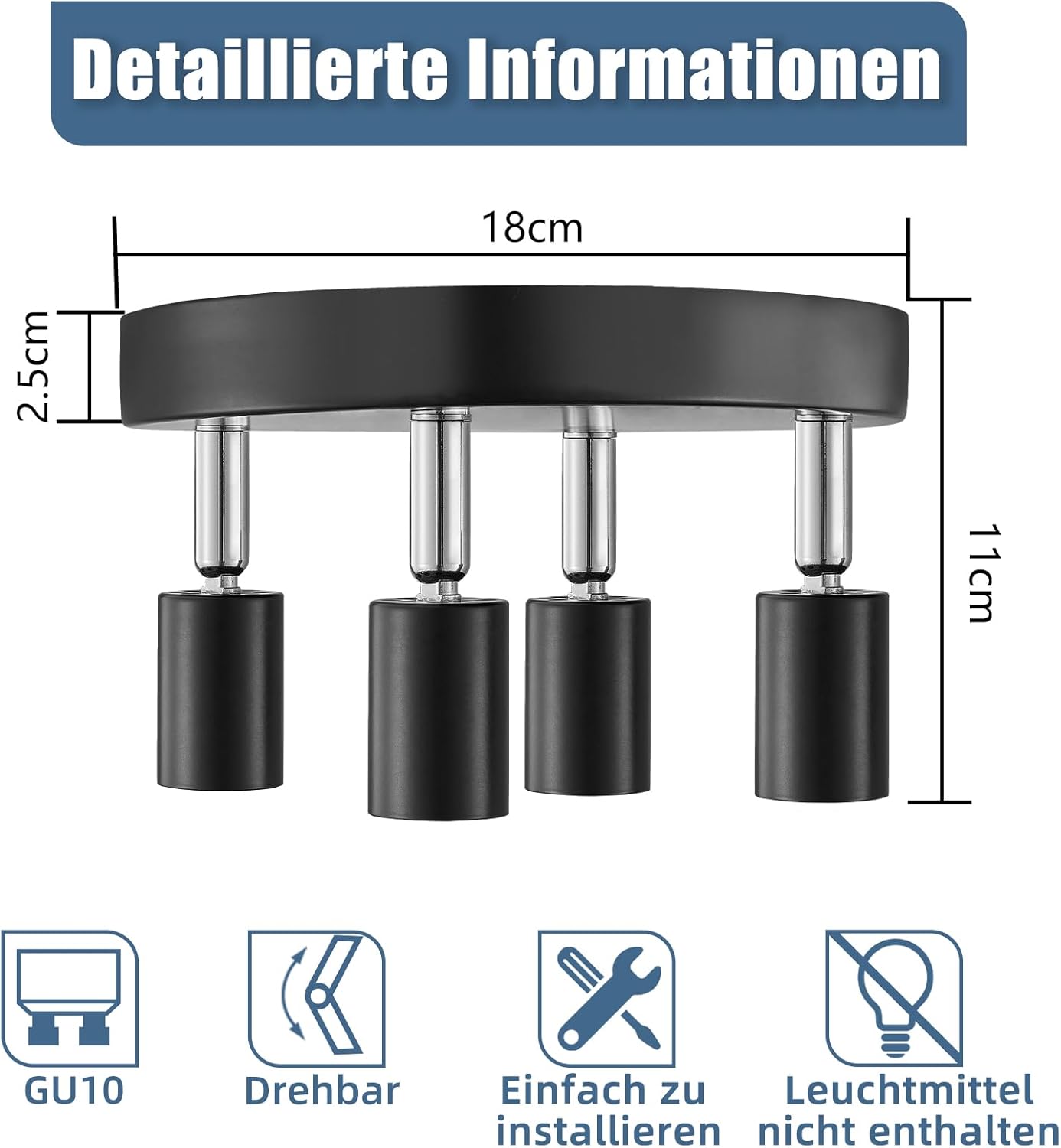 NETTLIFE 4 Focos de Techo Giratorios Negros GU10 Lámpara Moderna de Metal para Salón Cocina Pasillo y Comedor - 4