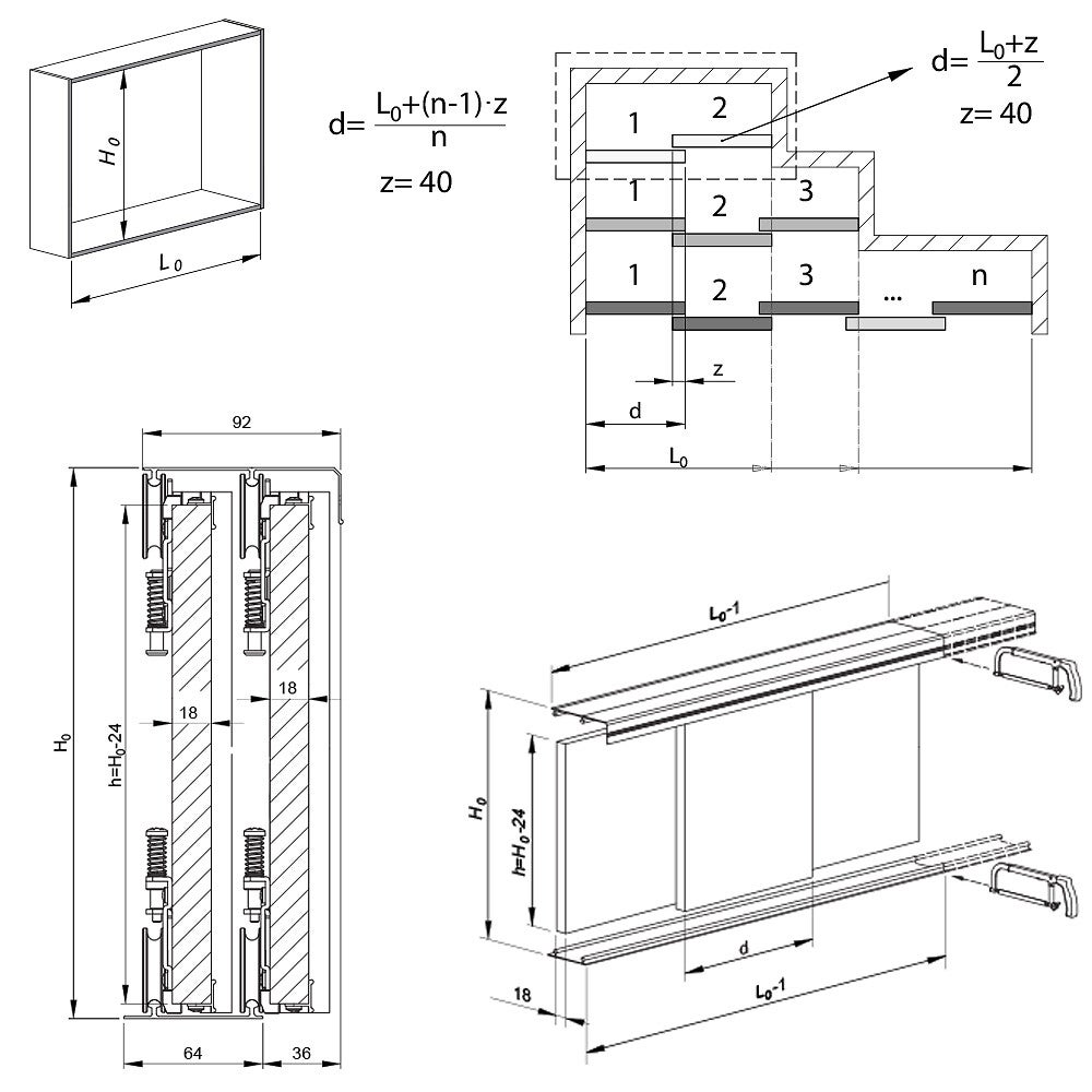 Kit SLID'UP 220 aluminium anodisé naturel pour 3 portes de placard coulissantes 18 mm - rail 2,7 m - 70 kg - 4