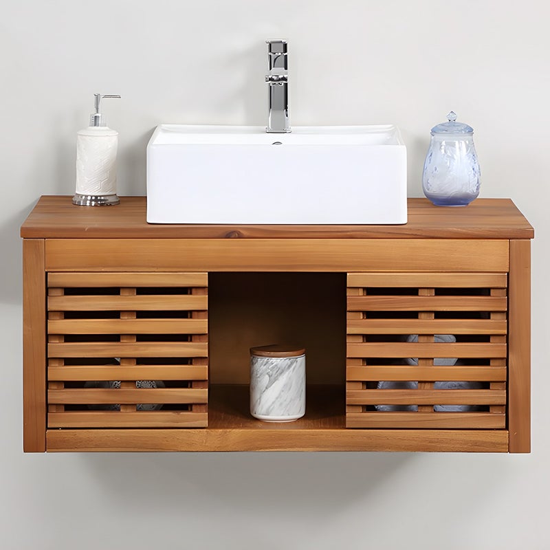 Szafka łazienkowa wisząca z drewna akacjowego z pojedynczą umywalką - 90 cm - PENEBEL