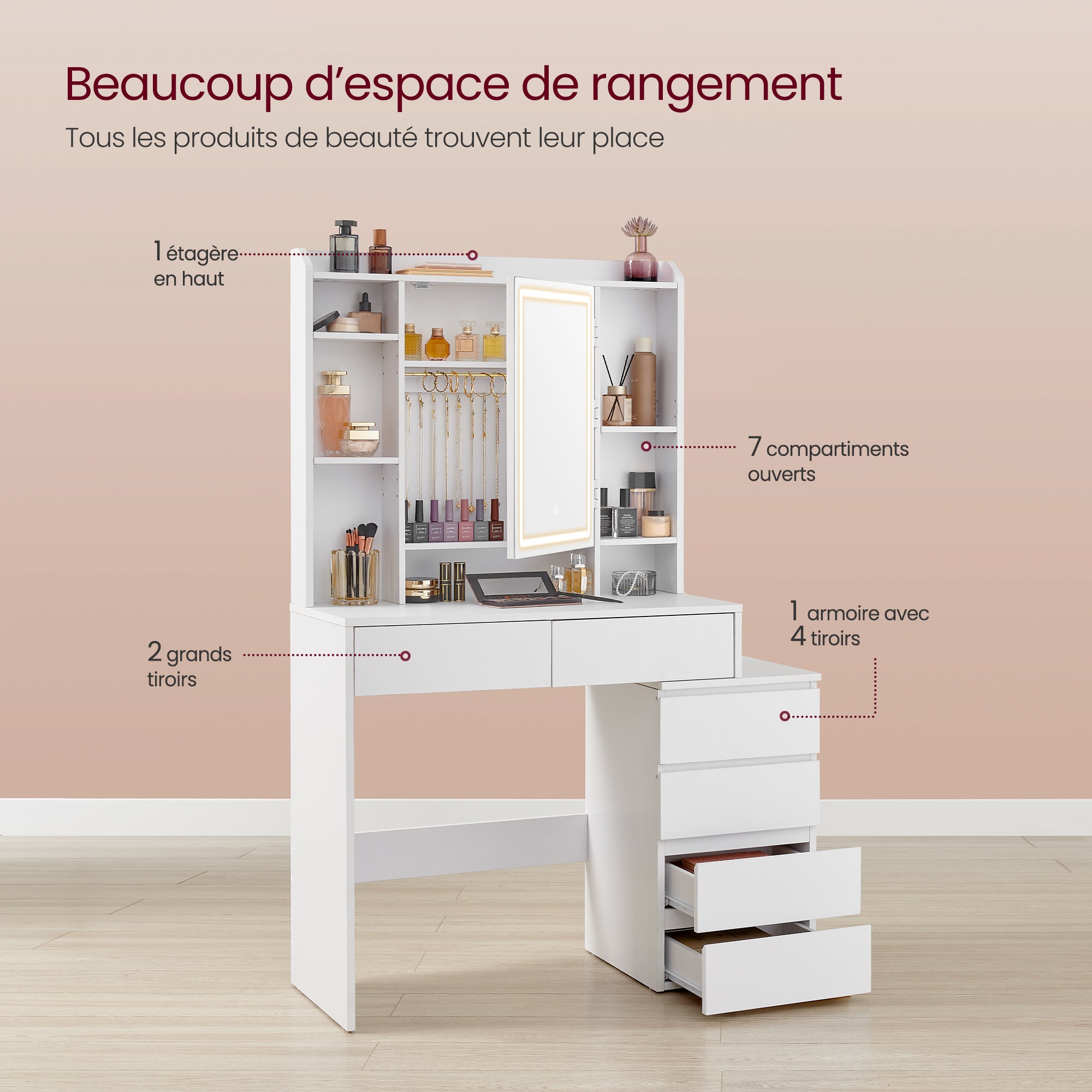Coiffeuse, Grand Miroir LED à Luminosité Réglable, Compartiments Ouverts, Tabouret, Étagères Réglables, Blanc Nuage - 3