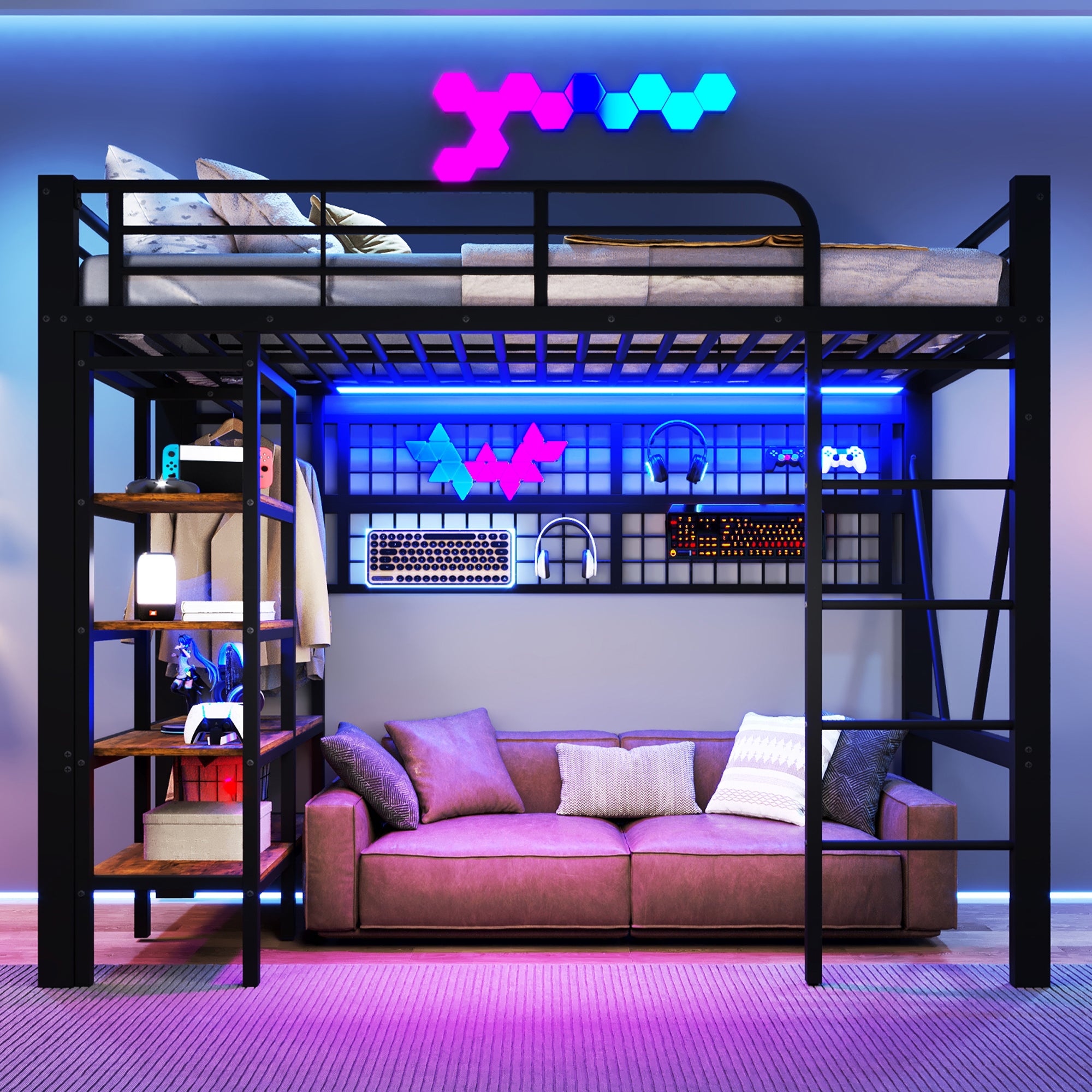 Lit mezzanine 90x200cm multifonction avec rangements, Lit simple avec LED intégrées, filet suspendu et barre pour vêtements, structure métallique Noir - 2