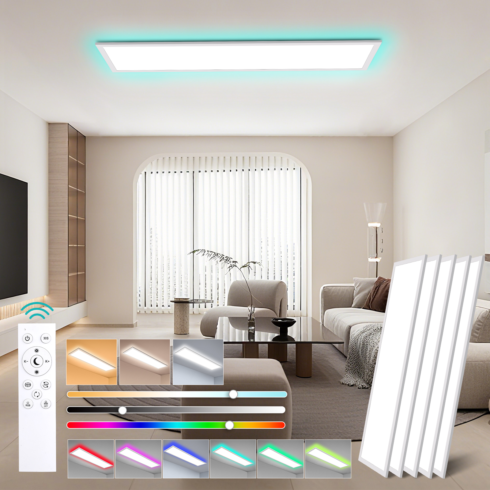 LOVHAUS 5PCS Lampa Sufitowa LED 36W Biała 120x30 cm, Panel LED Sufitowy Prostokątny Ściemniający RGB do Salonu, Biura, Kuchni Wewnętrznej z Pilotem