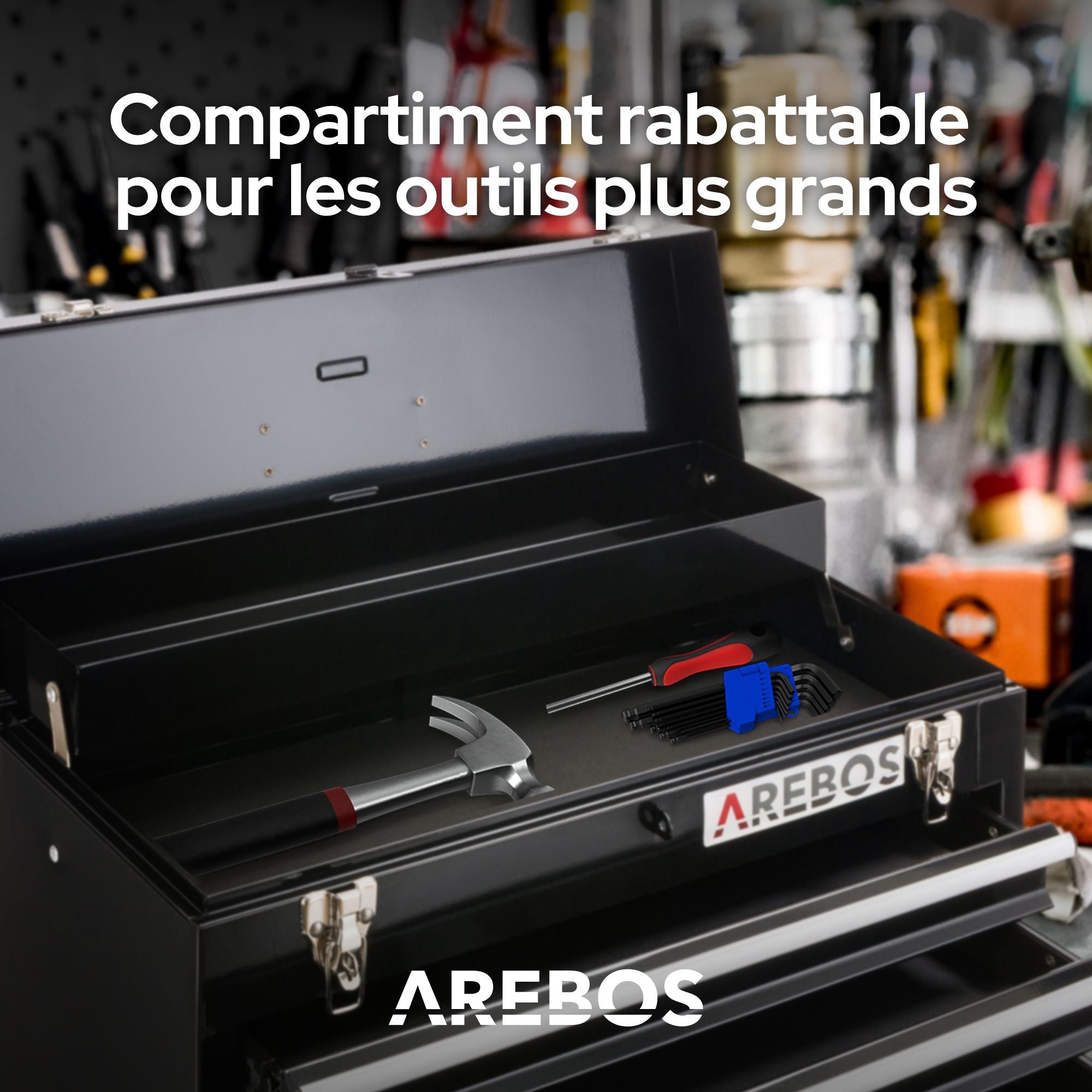 AREBOS Boîte à outils avec 3 tiroirs et 2 compartiments de rangement Noir Poignée de transport et fermetures à pression Coffret à Outils - 5