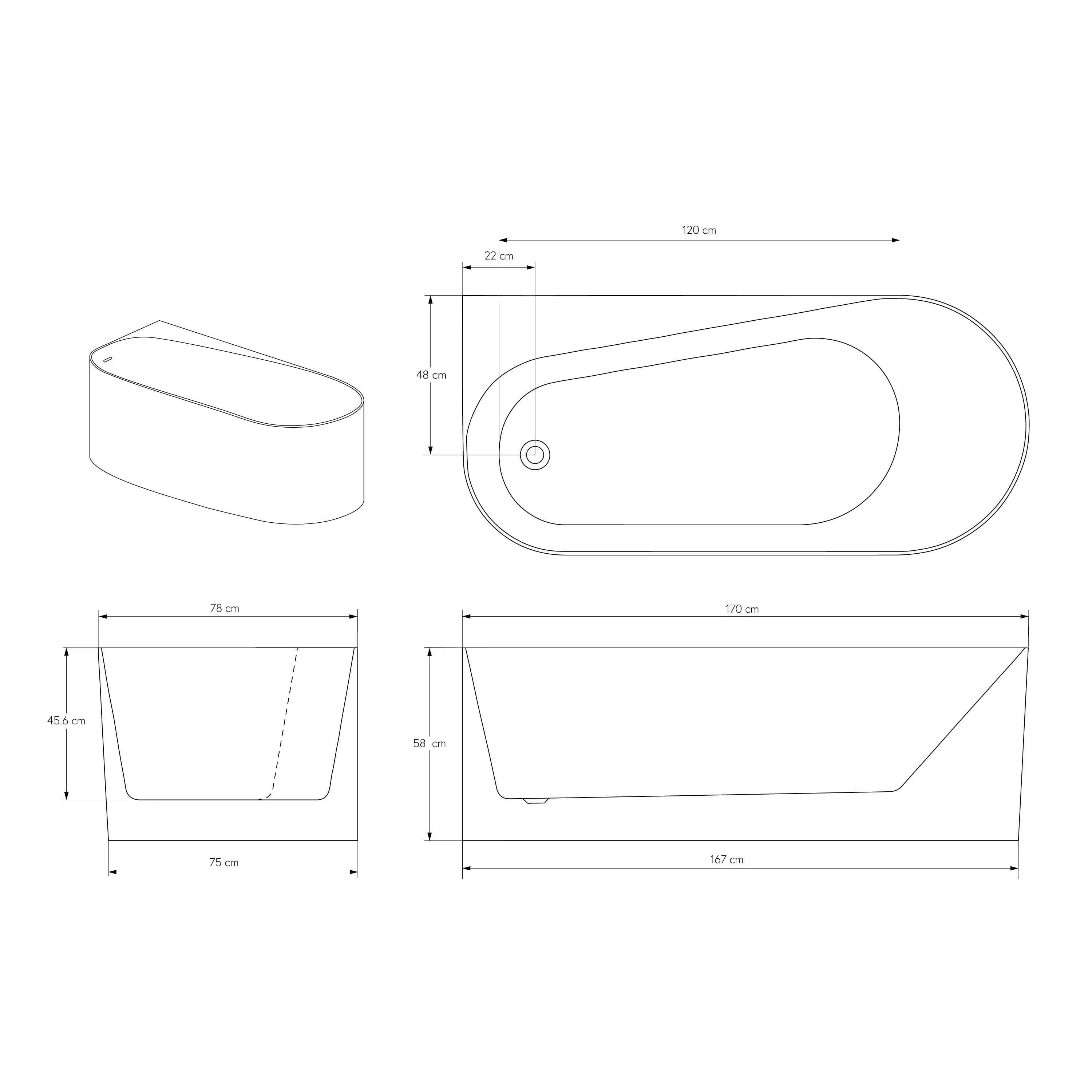 BERNSTEIN - Baignoire d'angle semi-îlot Acrylique Ovale Salle de Bain avec Bonde et trop plein - Blanc - 170x78x58cm - Garantie 5 ans - ONDA CORNER - 4