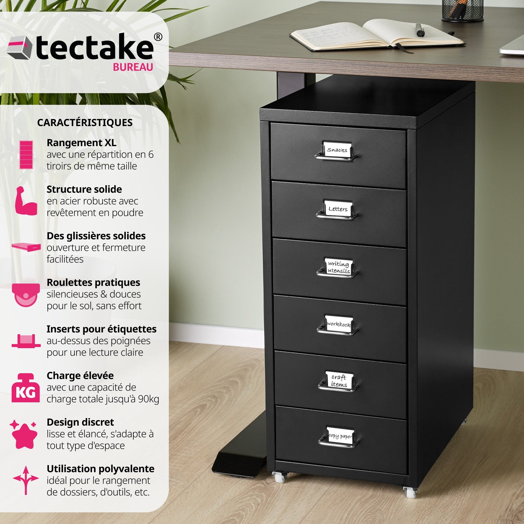 Caisson de bureau roulant en métal 41x28x69cm en acier TECTAKE - 2