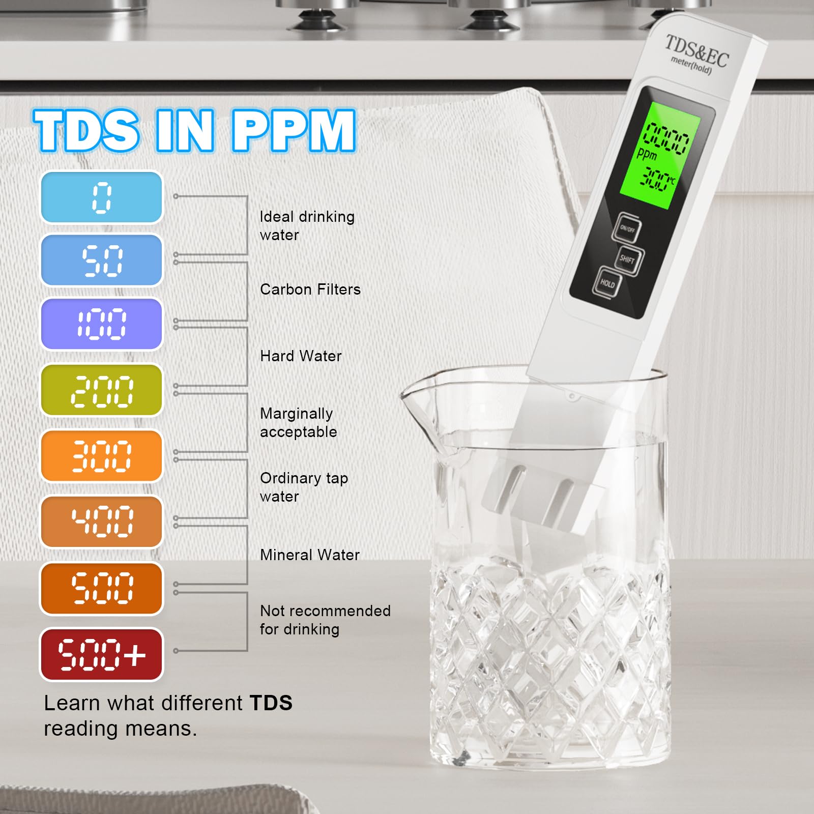 Tester per acqua TDS 4 in 1 - TDS EC e termometro (°C, °F), kit per test della qualità dell'acqua acqua potabile,acqua del rubinetto,pozzo, piscina - 5