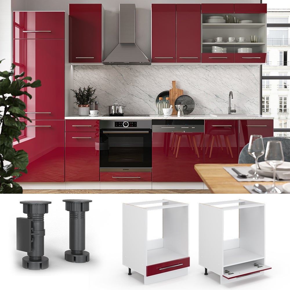 Vicco Meuble pour four Fame-Line, Rouge bordeaux Haute brillance, 60cm sans PT - 2